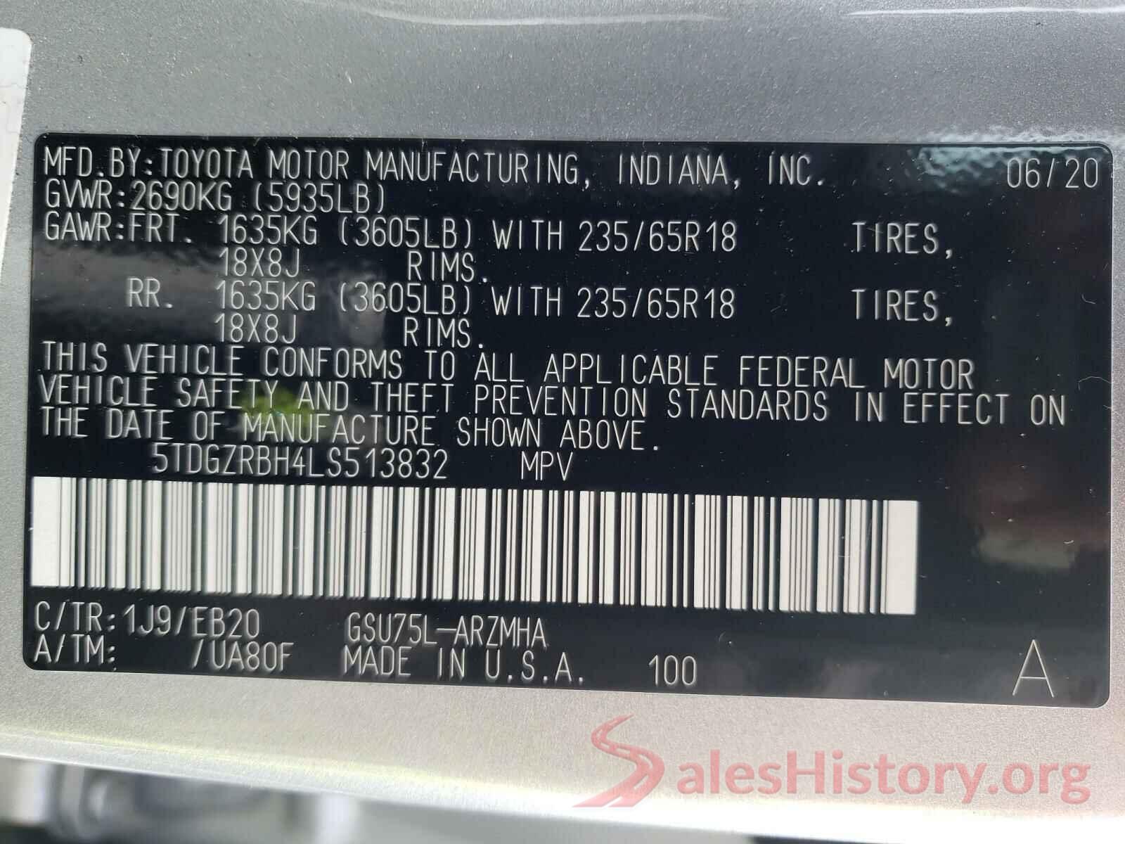 5TDGZRBH4LS513832 2020 TOYOTA HIGHLANDER