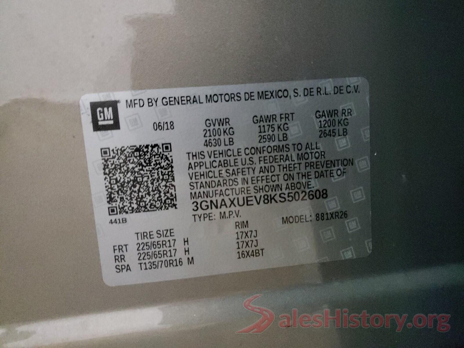 3GNAXUEV8KS502608 2019 CHEVROLET EQUINOX