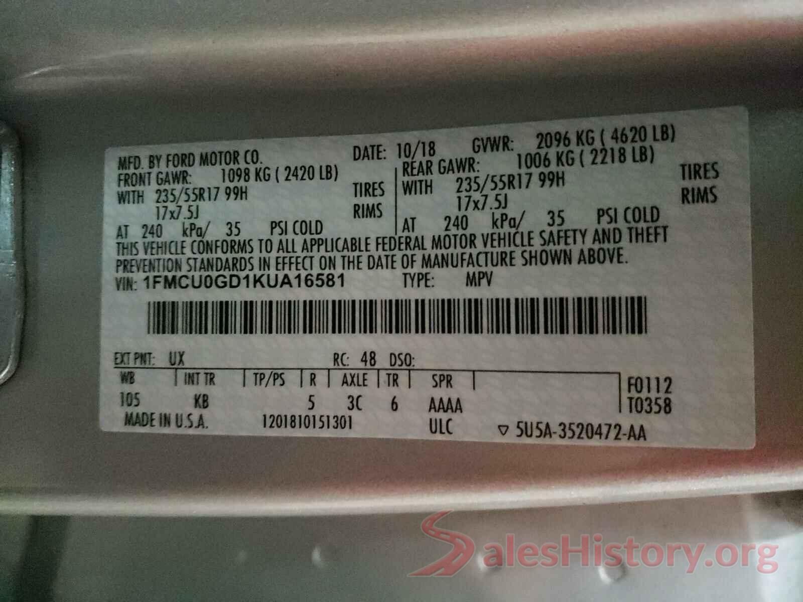 1FMCU0GD1KUA16581 2019 FORD ESCAPE