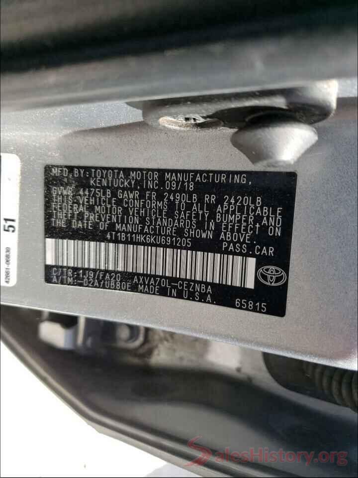 4T1B11HK6KU691205 2019 TOYOTA CAMRY