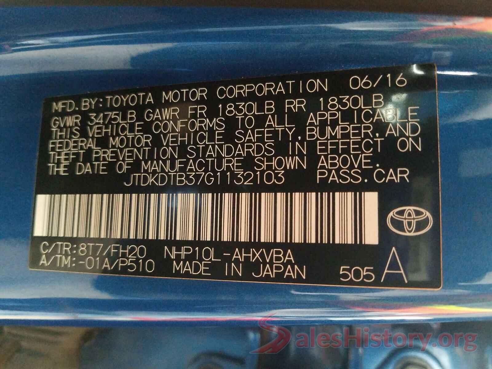 JTDKDTB37G1132103 2016 TOYOTA PRIUS