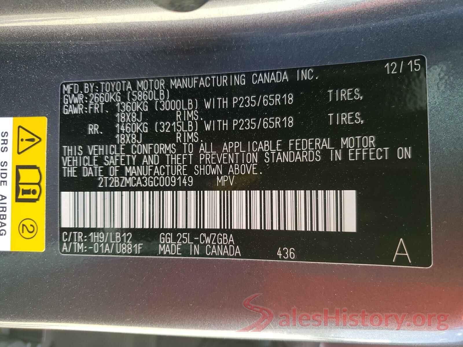 2T2BZMCA3GC009149 2016 LEXUS RX350