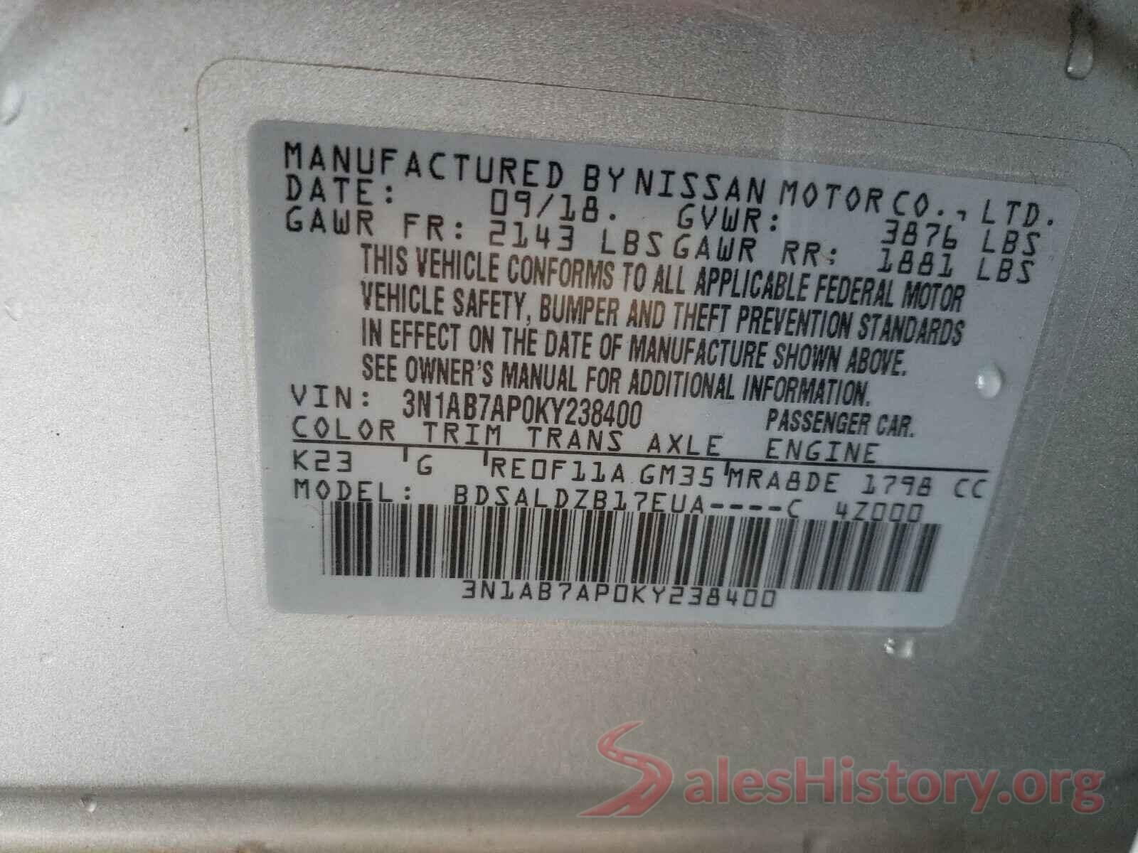 3N1AB7AP0KY238400 2019 NISSAN SENTRA