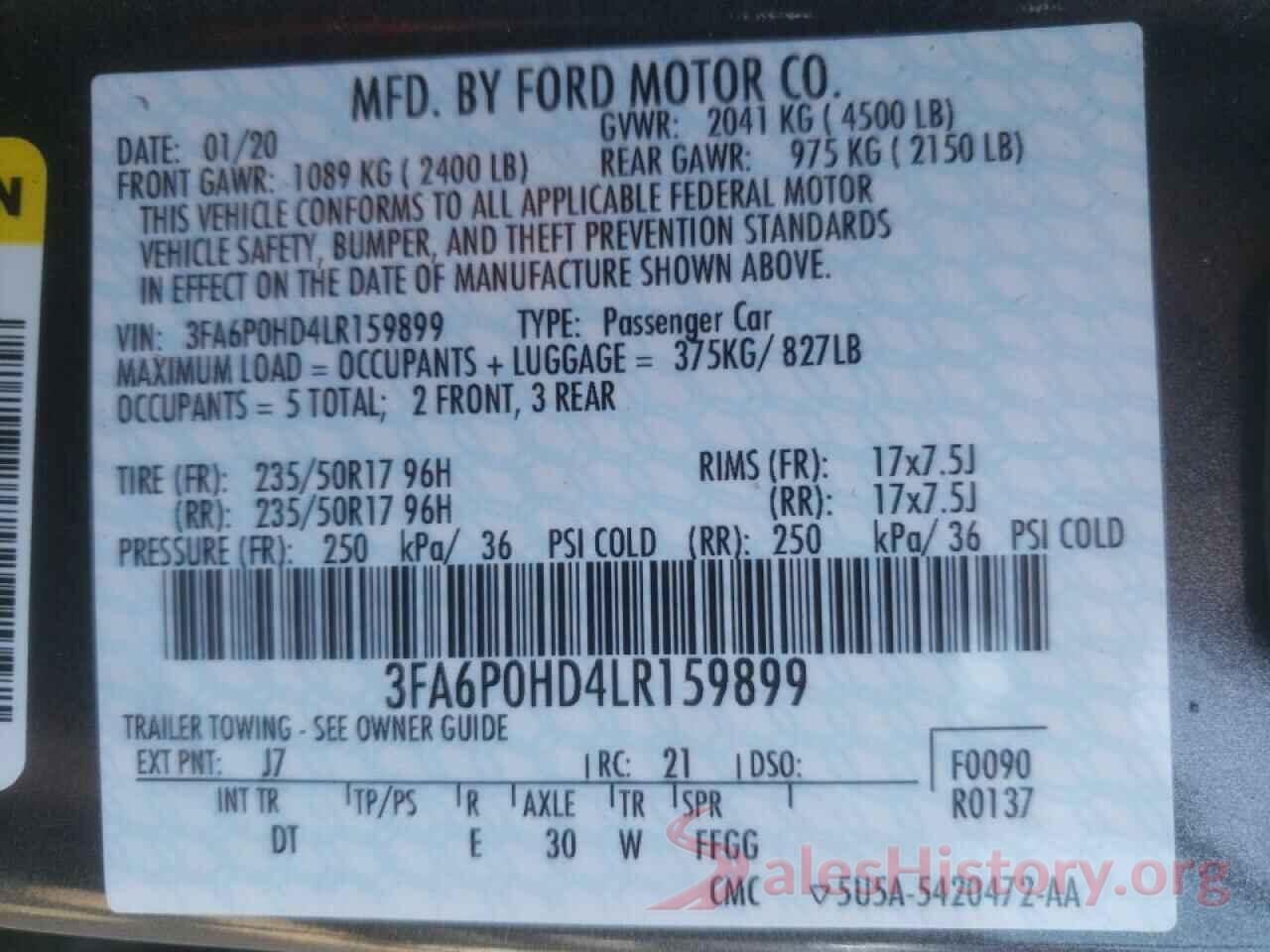 3FA6P0HD4LR159899 2020 FORD FUSION