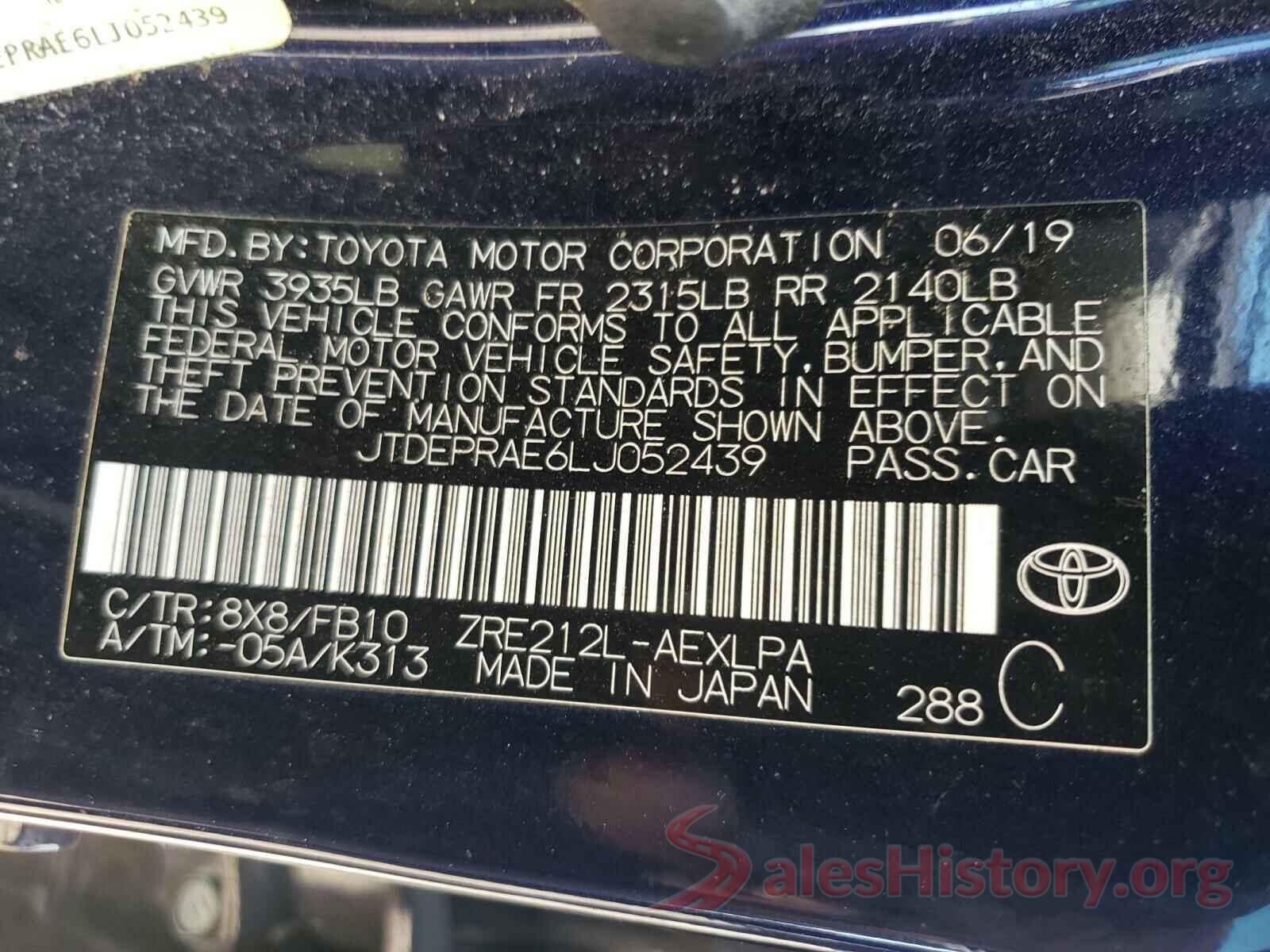 JTDEPRAE6LJ052439 2020 TOYOTA COROLLA