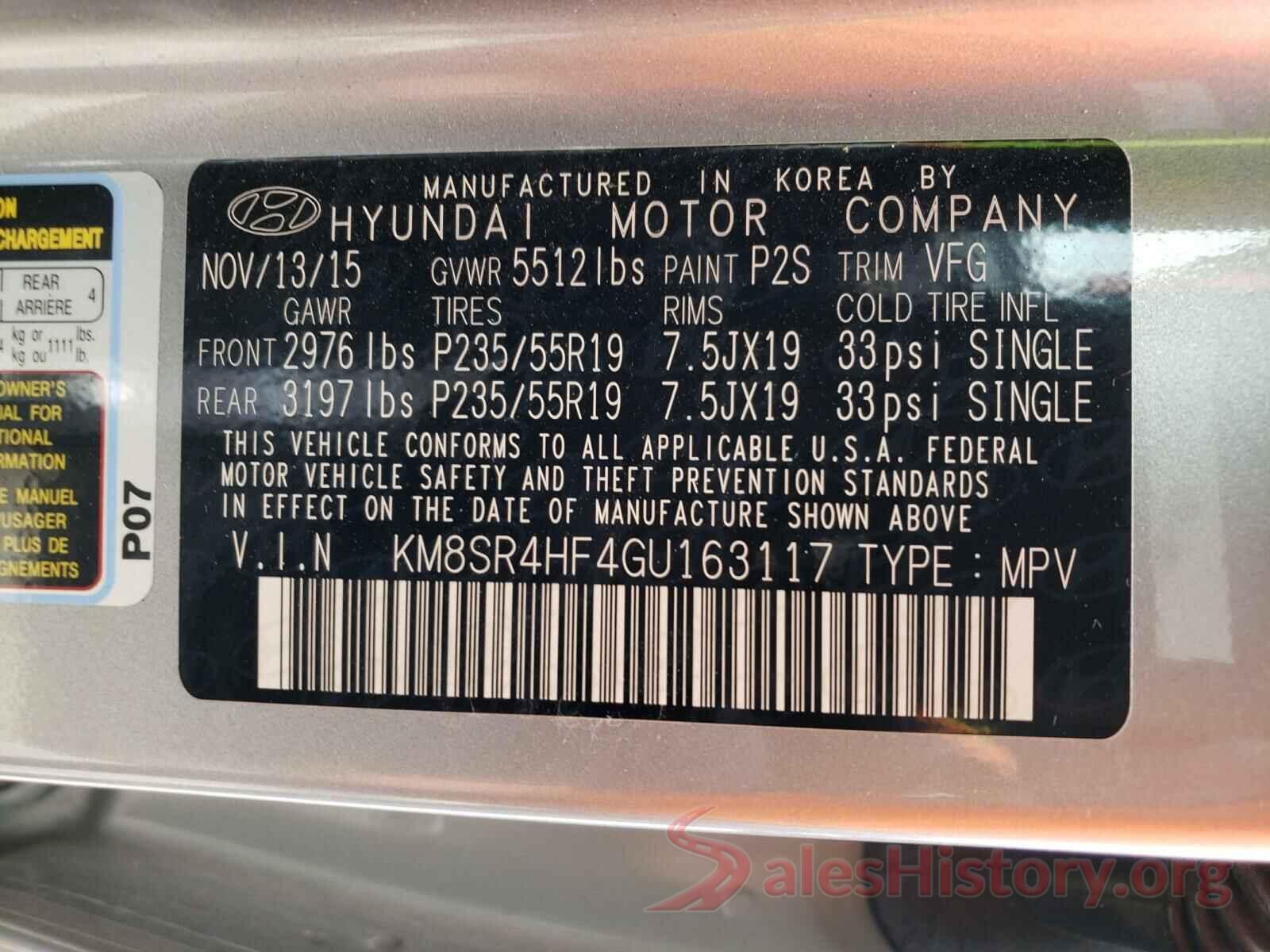 KM8SR4HF4GU163117 2016 HYUNDAI SANTA FE