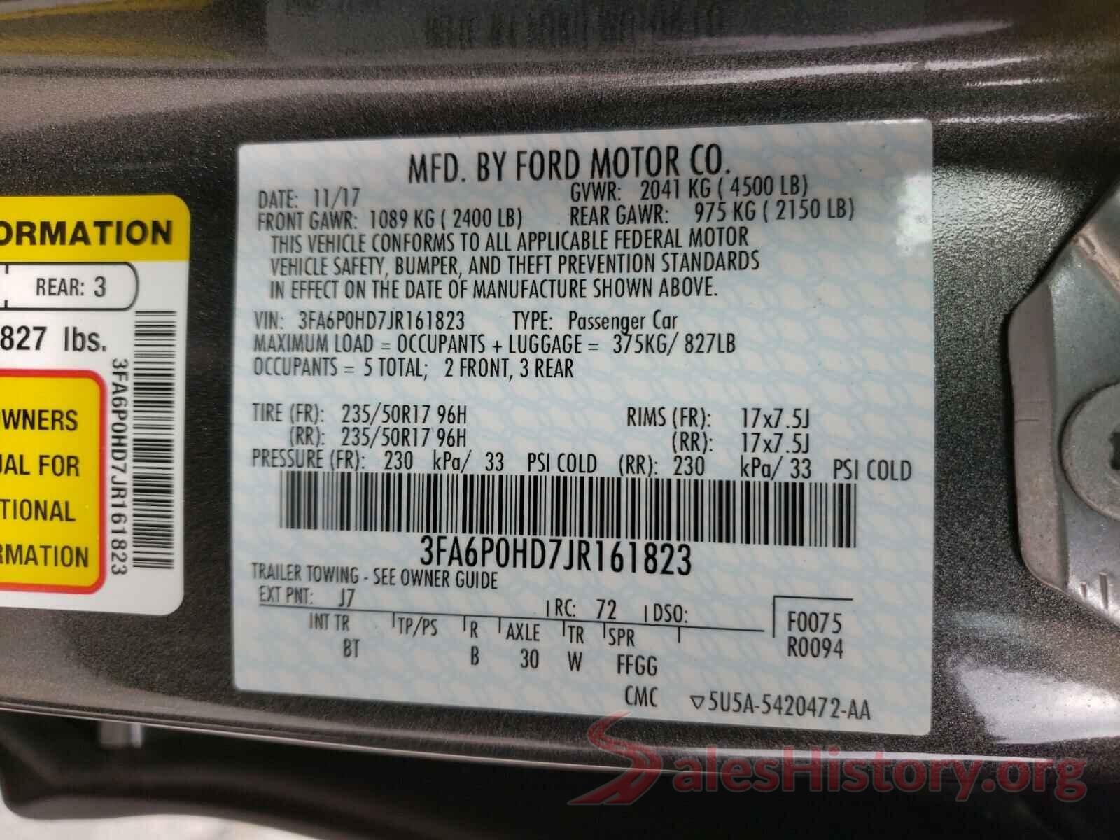 3FA6P0HD7JR161823 2018 FORD FUSION