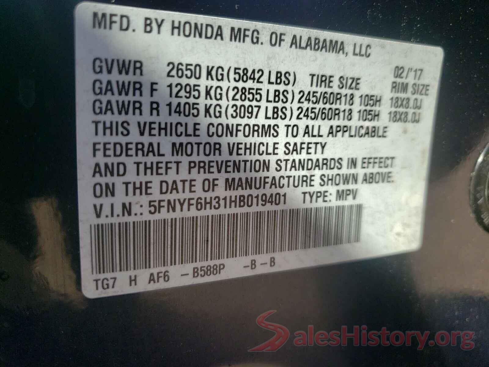 5FNYF6H31HB019401 2017 HONDA PILOT