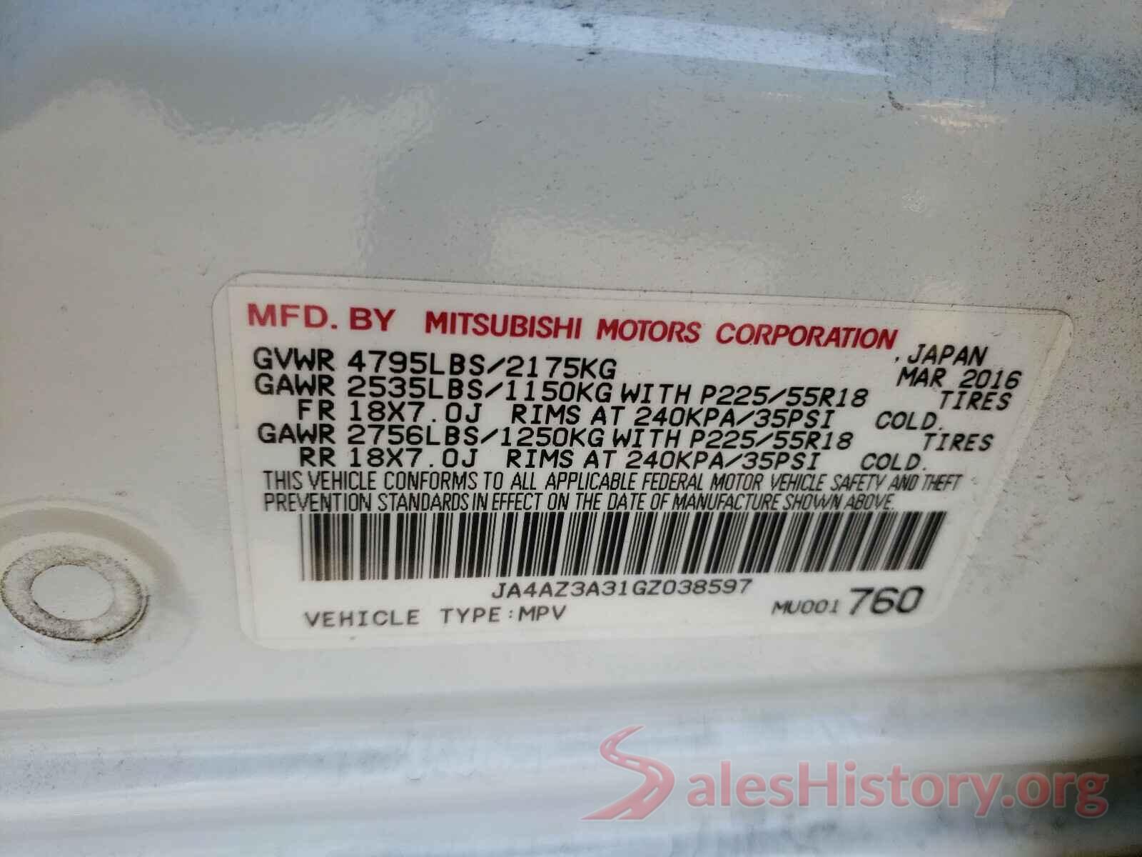 JA4AZ3A31GZ038597 2016 MITSUBISHI OUTLANDER