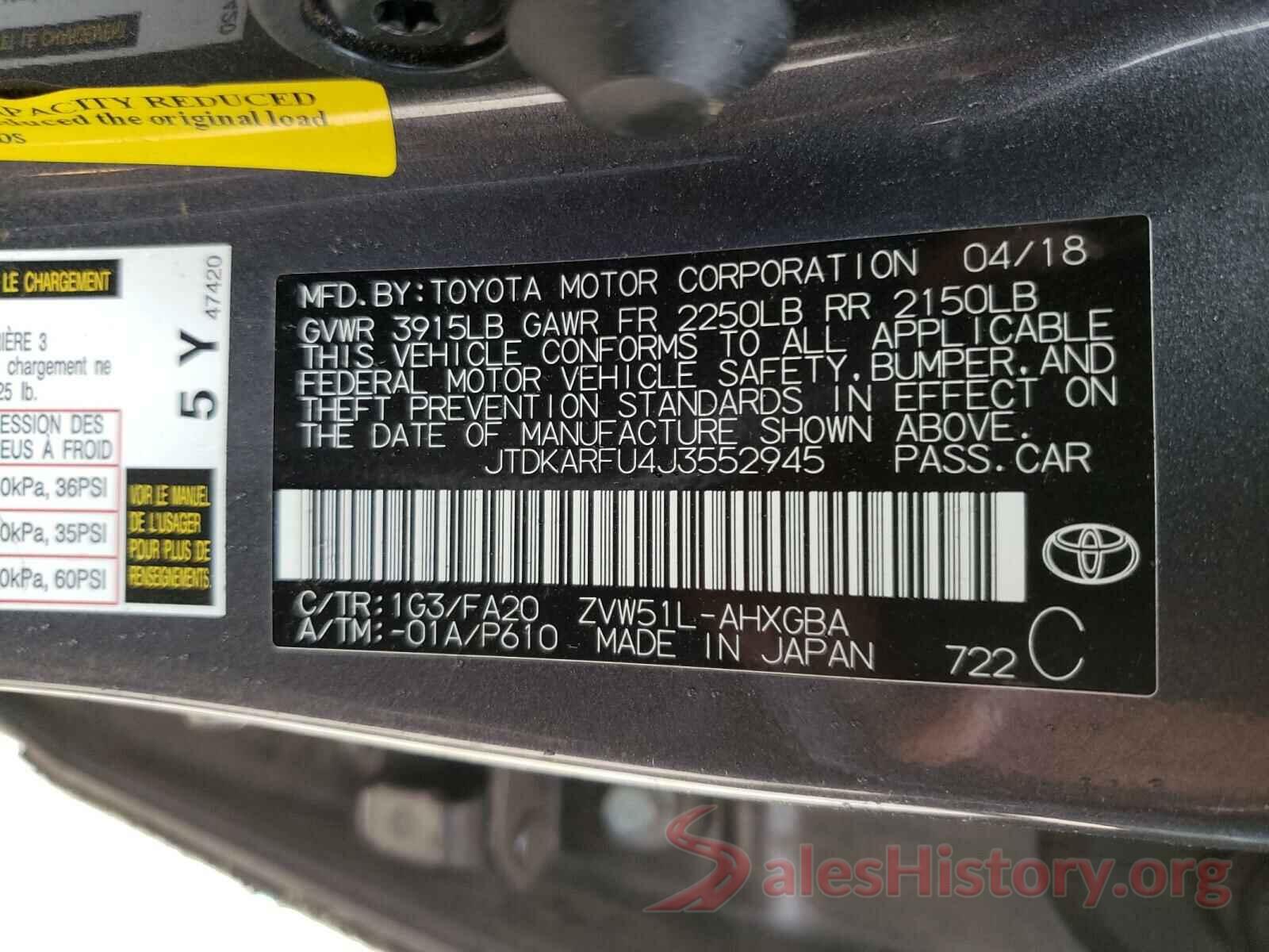 JTDKARFU4J3552945 2018 TOYOTA PRIUS