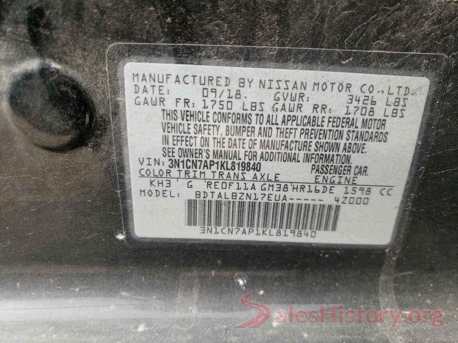 3N1CN7AP1KL819840 2019 NISSAN VERSA