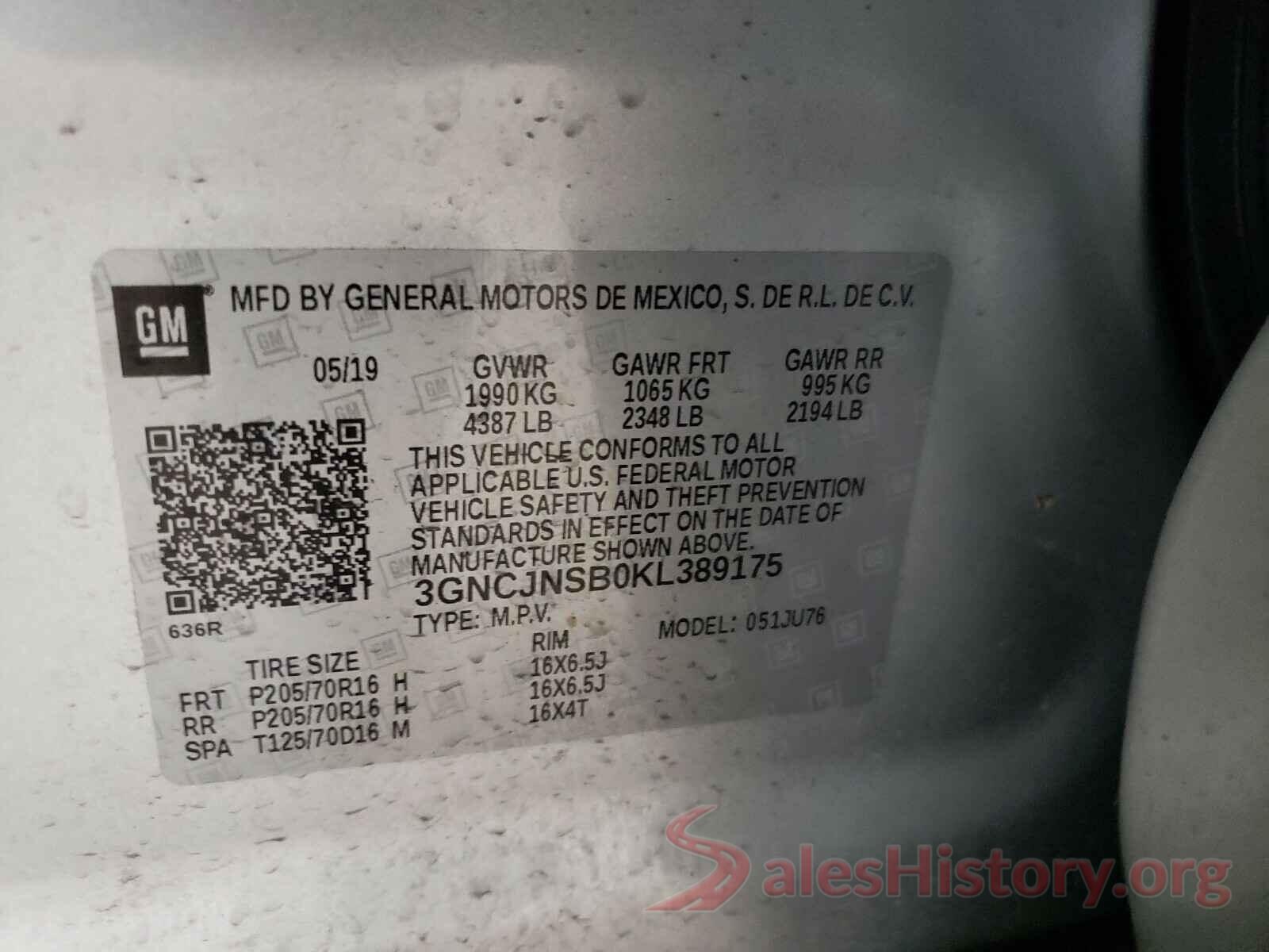 3GNCJNSB0KL389175 2019 CHEVROLET TRAX