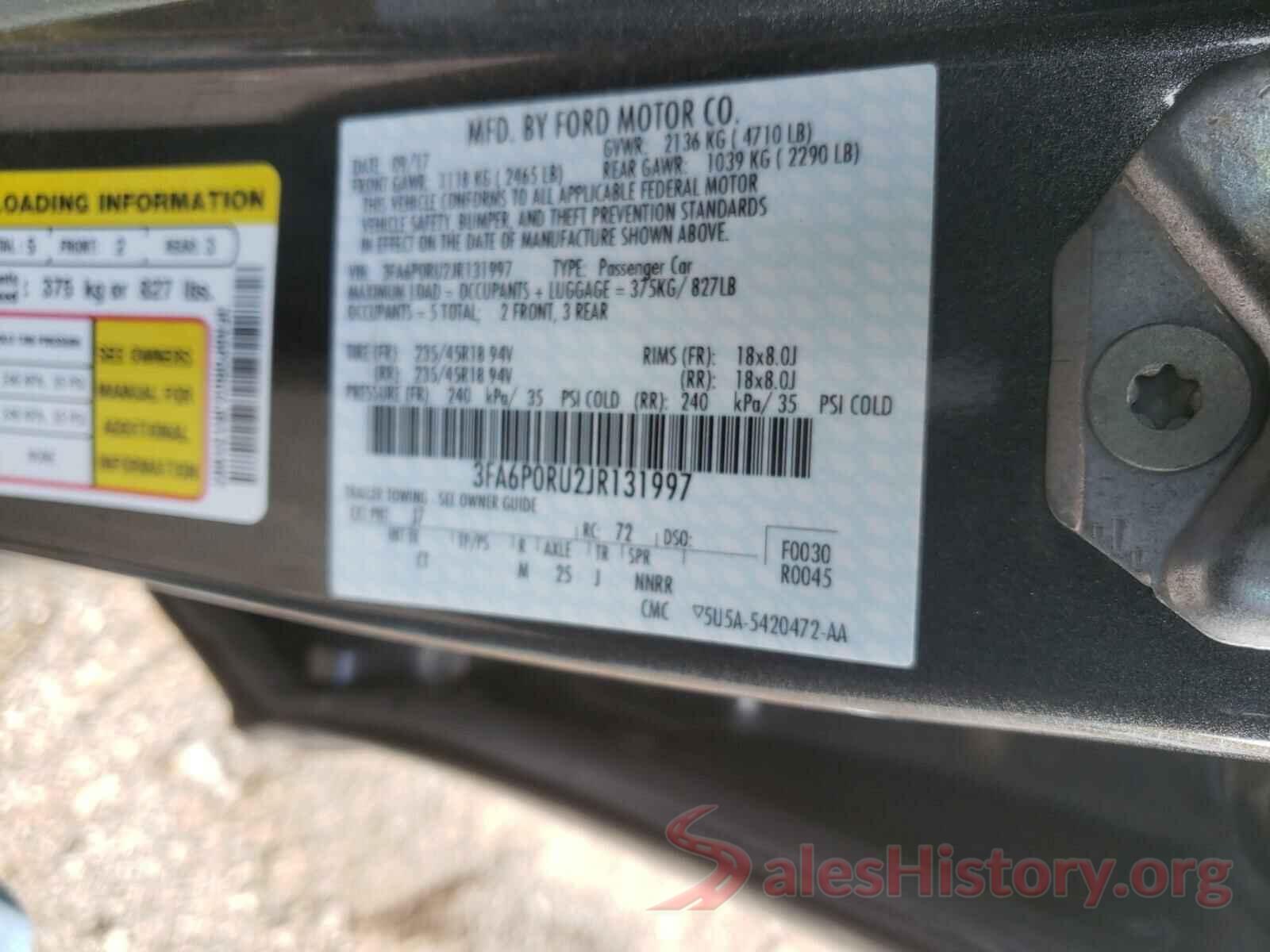 3FA6P0RU2JR131997 2018 FORD FUSION