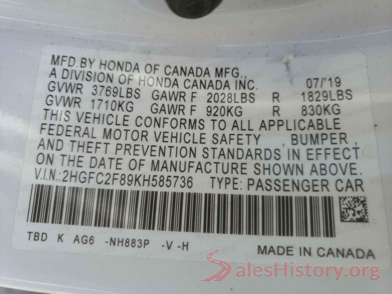 2HGFC2F89KH585736 2019 HONDA CIVIC