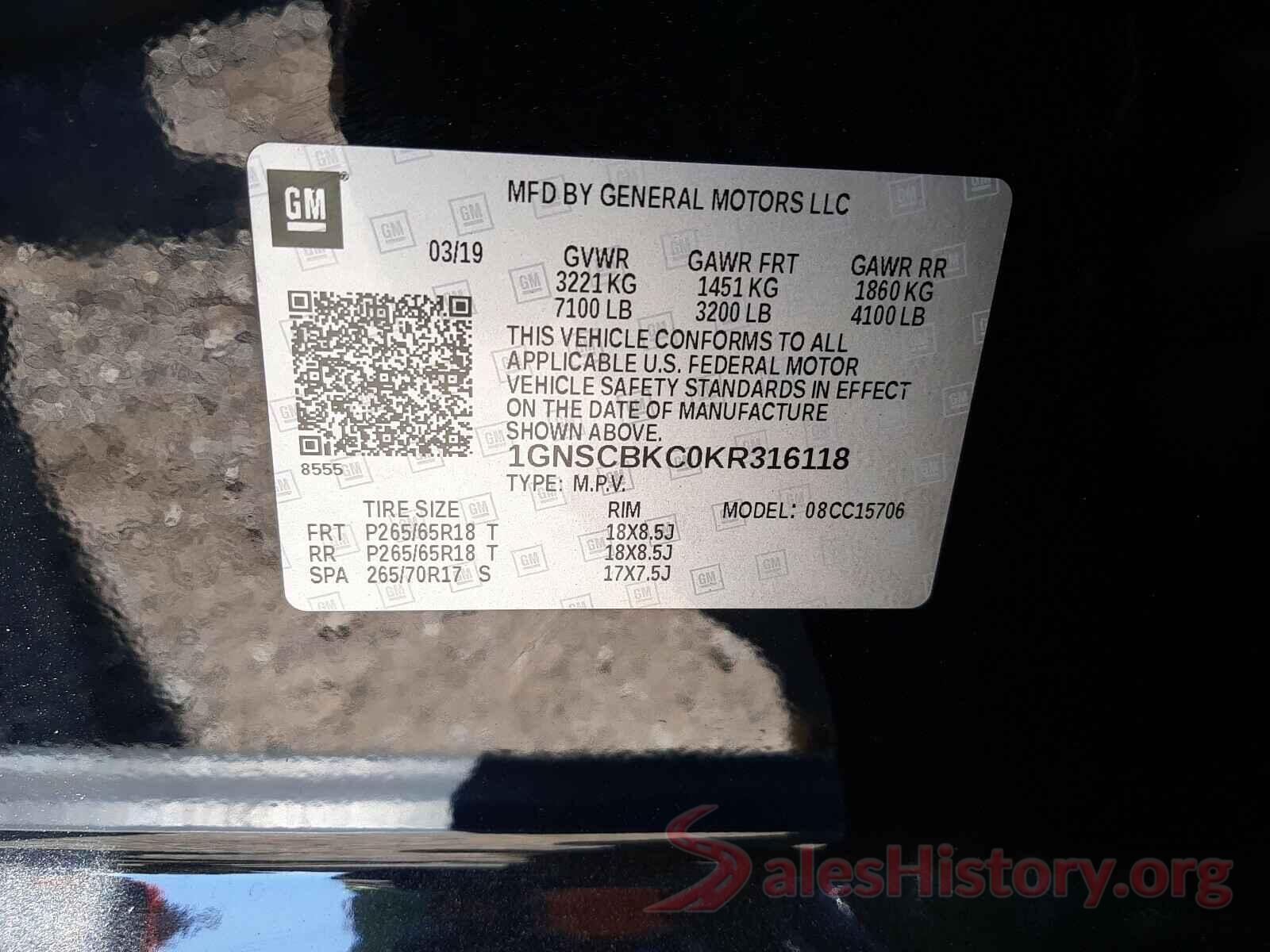 1GNSCBKC0KR316118 2019 CHEVROLET TAHOE