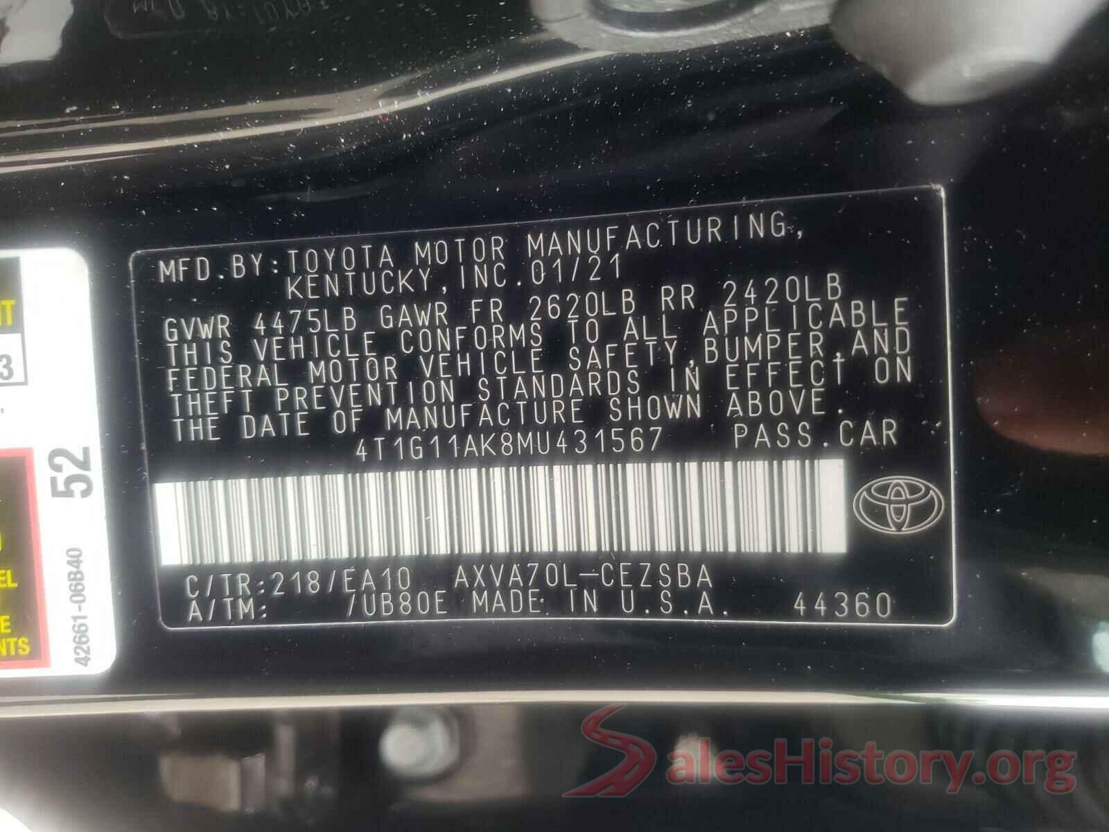 4T1G11AK8MU431567 2021 TOYOTA CAMRY