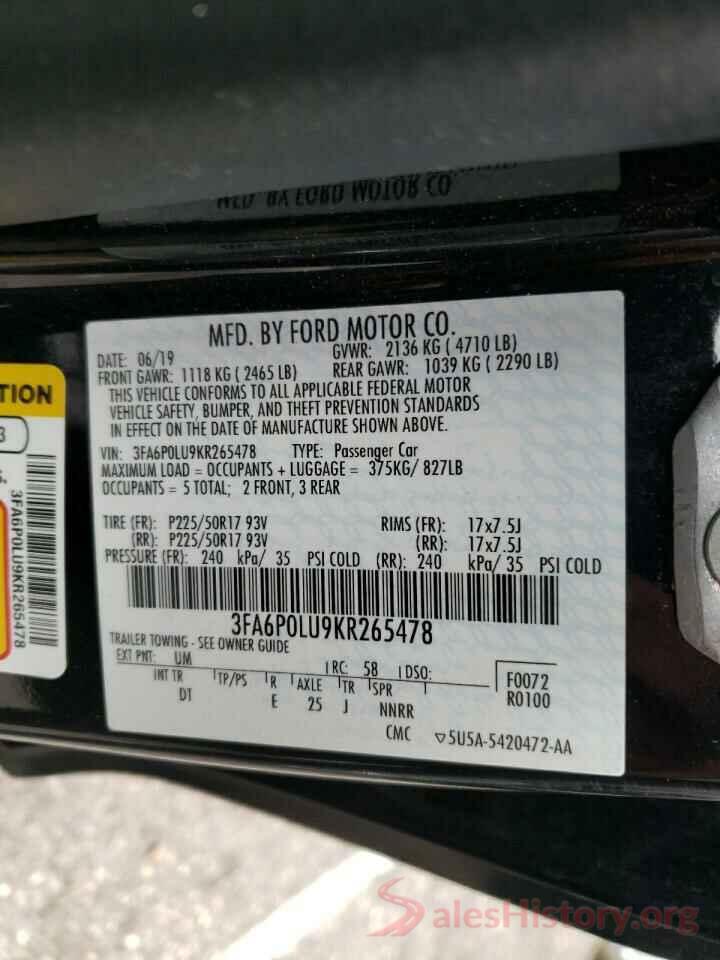 3FA6P0LU9KR265478 2019 FORD FUSION