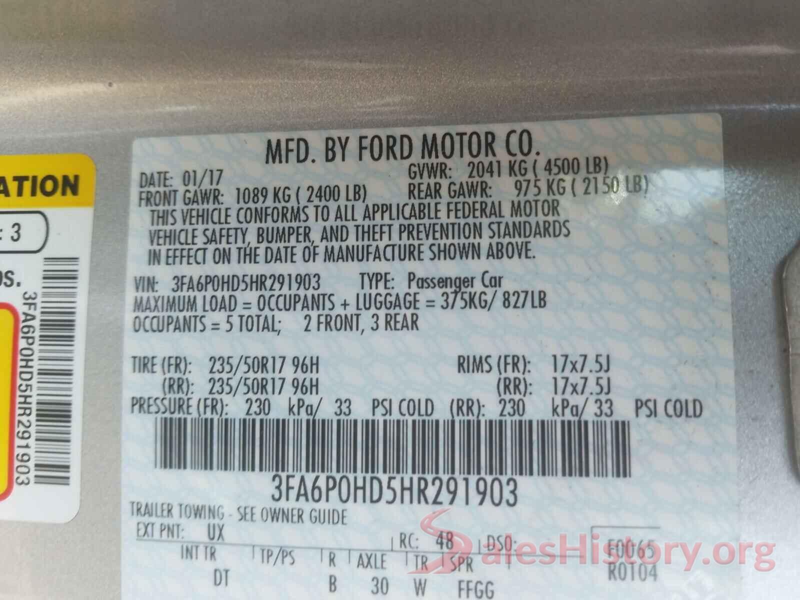 3FA6P0HD5HR291903 2017 FORD FUSION