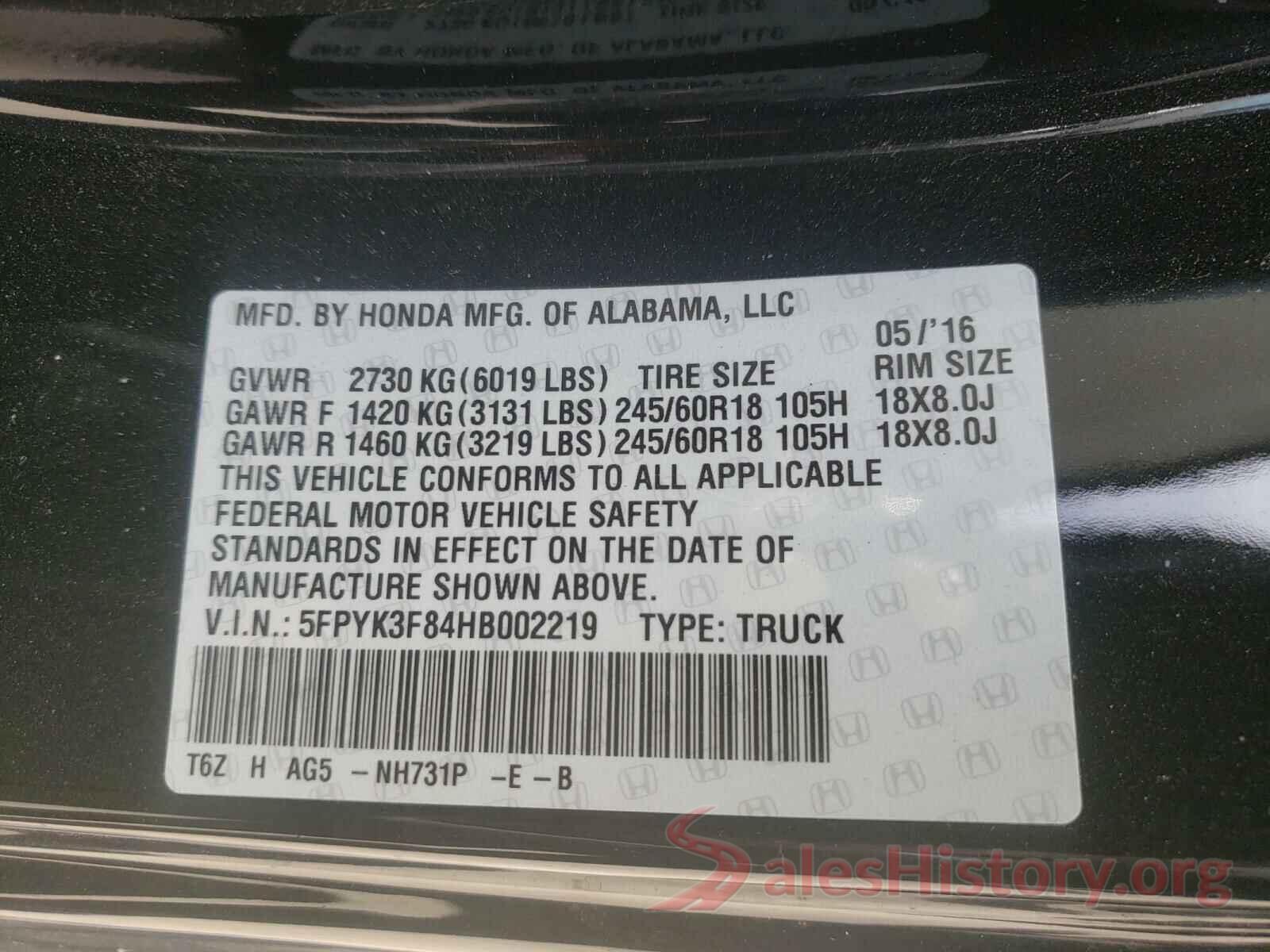 5FPYK3F84HB002219 2017 HONDA RIDGELINE