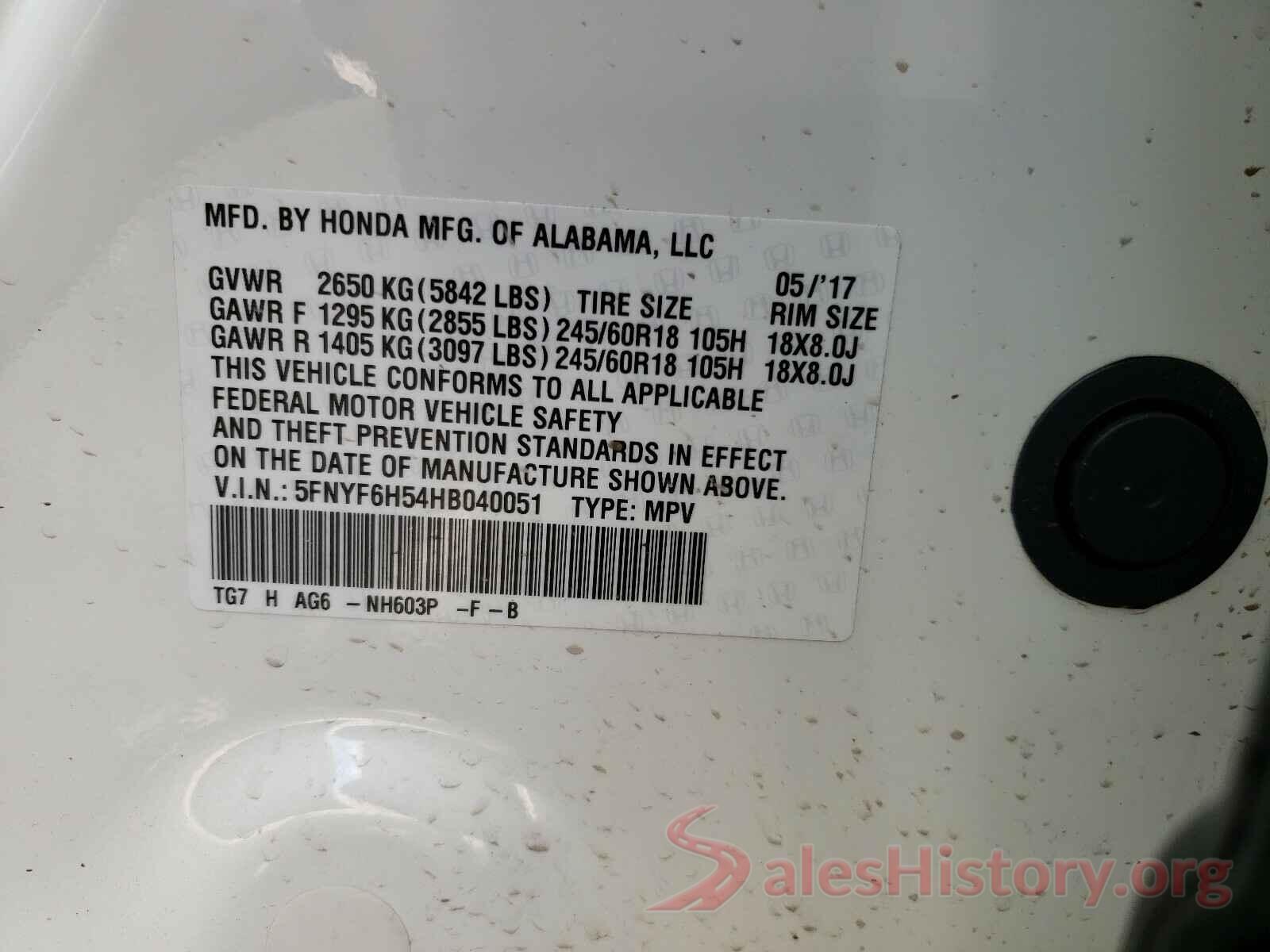 5FNYF6H54HB040051 2017 HONDA PILOT