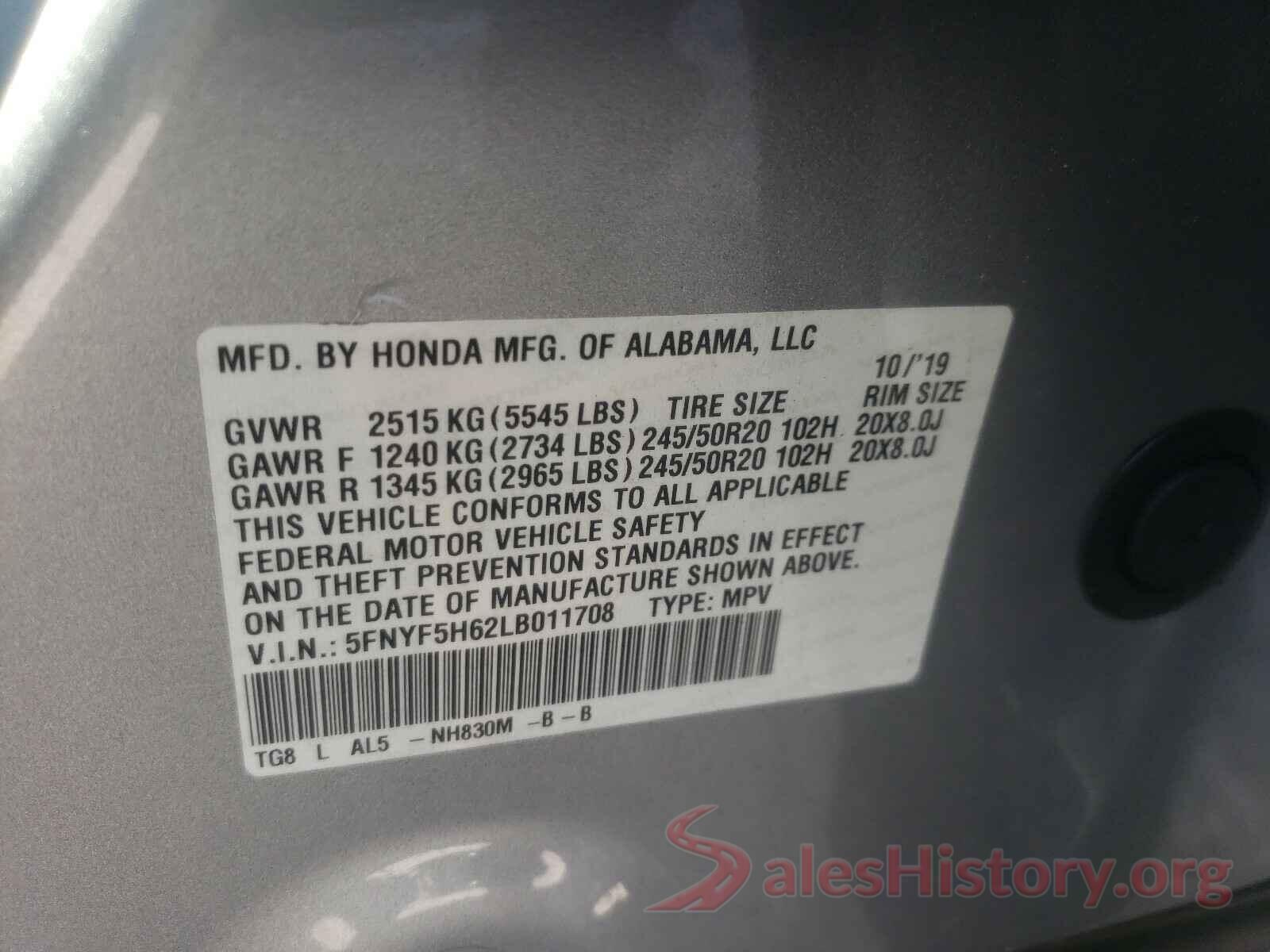 5FNYF5H62LB011708 2020 HONDA PILOT