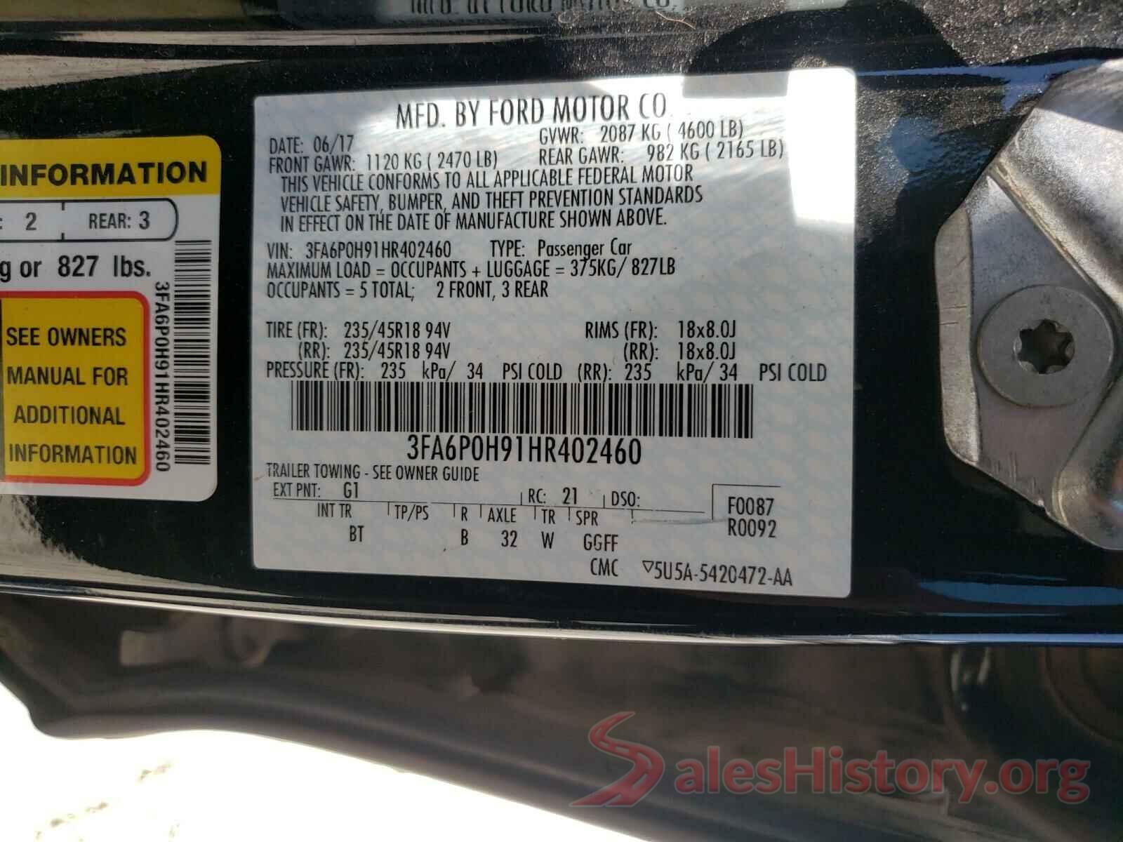 3FA6P0H91HR402460 2017 FORD FUSION