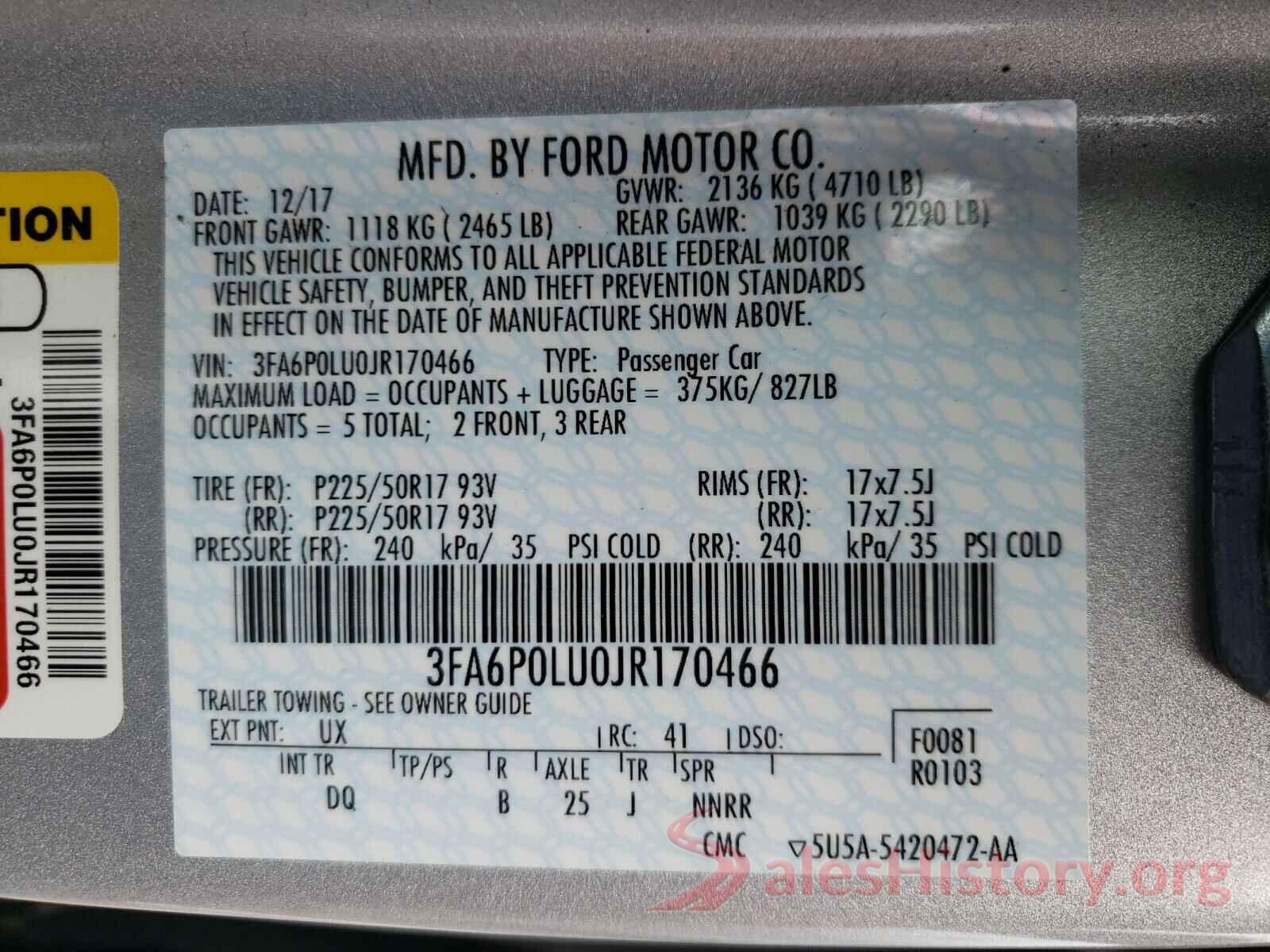 3FA6P0LU0JR170466 2018 FORD FUSION