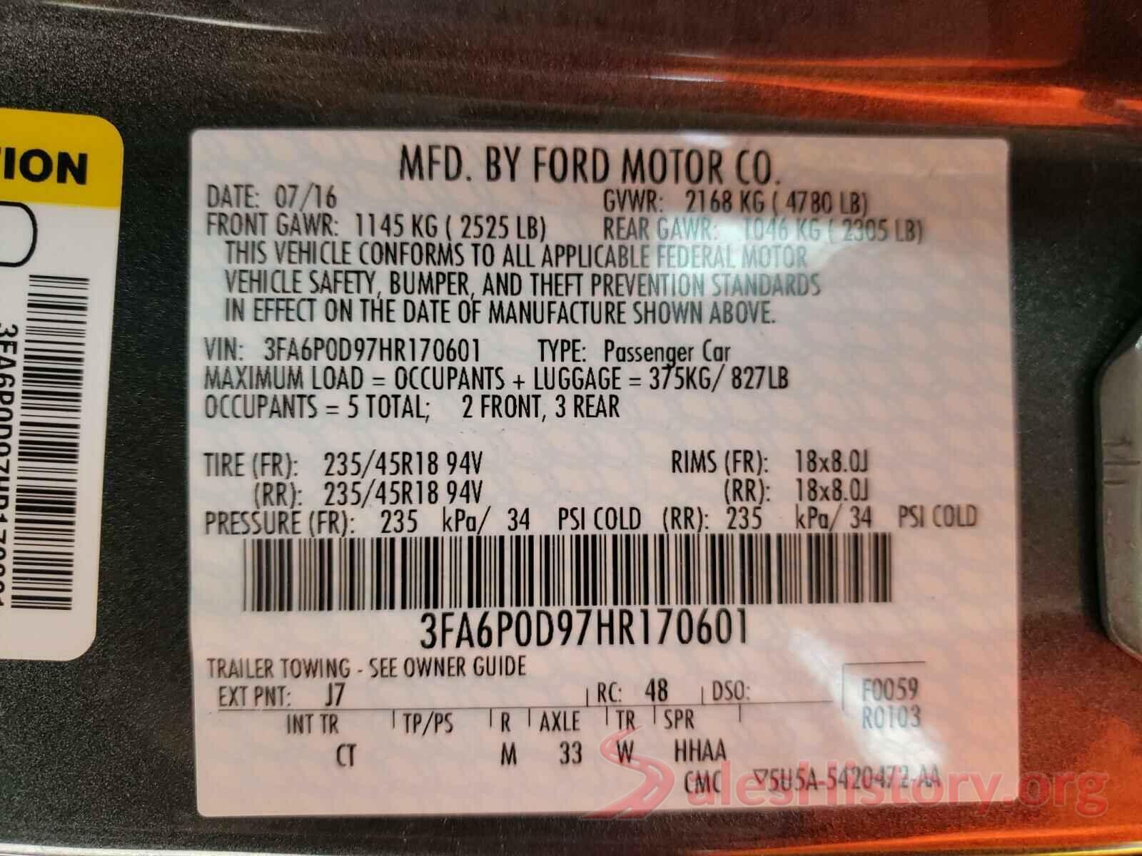 3FA6P0D97HR170601 2017 FORD FUSION