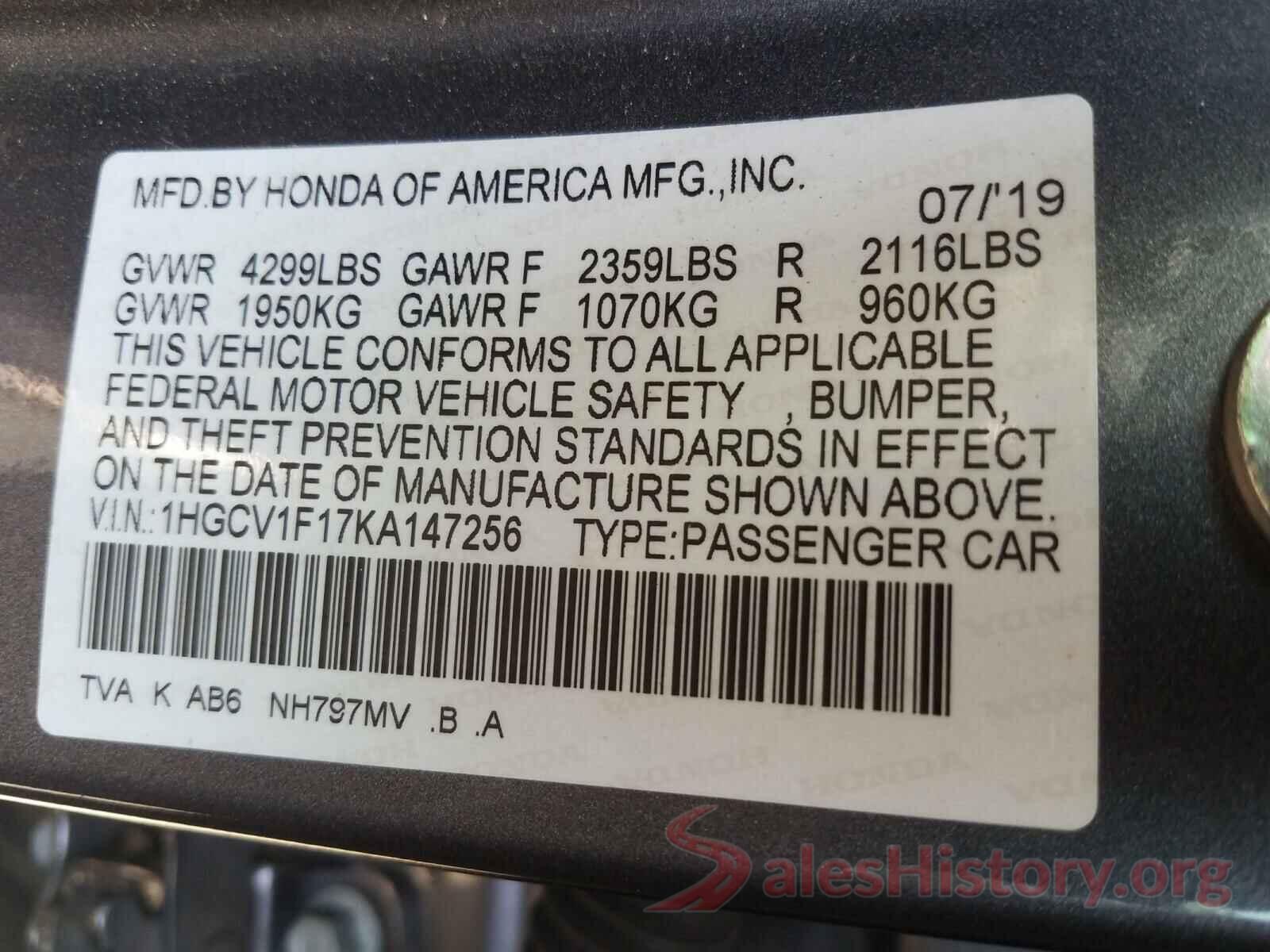 1HGCV1F17KA147256 2019 HONDA ACCORD