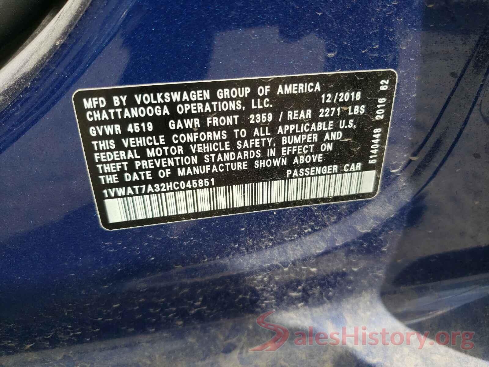 1VWAT7A32HC045851 2017 VOLKSWAGEN PASSAT