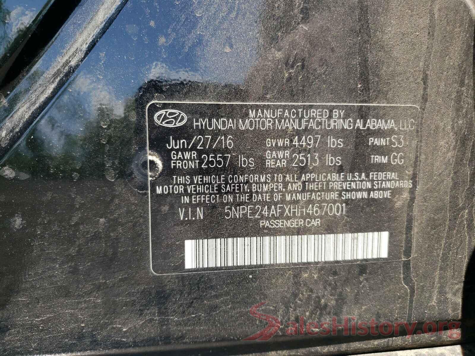 5NPE24AFXHH467001 2017 HYUNDAI SONATA