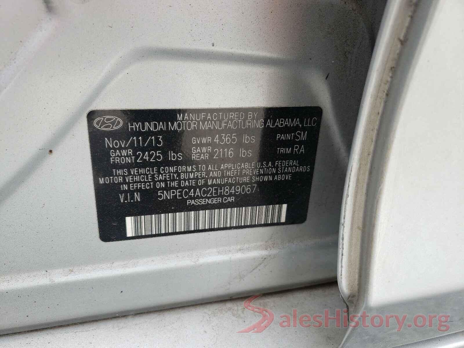 5NPEC4AC2EH849067 2014 HYUNDAI SONATA