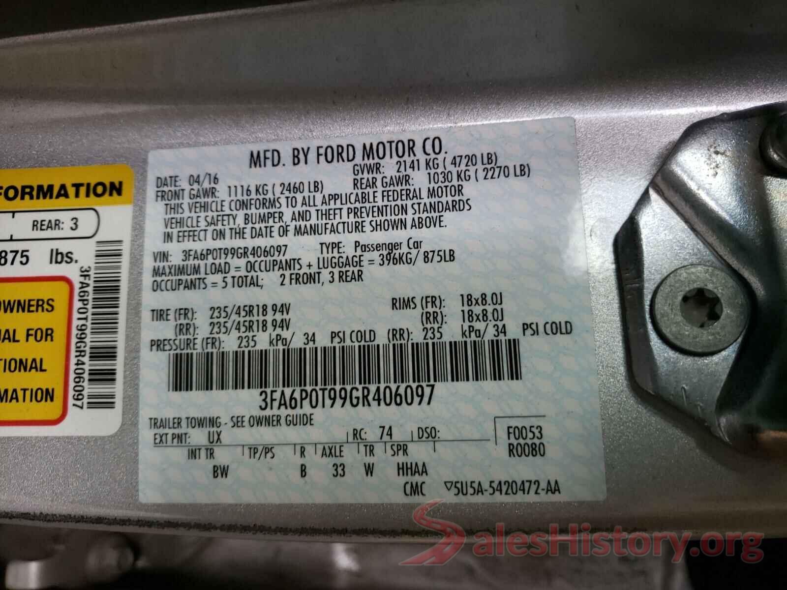 3FA6P0T99GR406097 2016 FORD FUSION