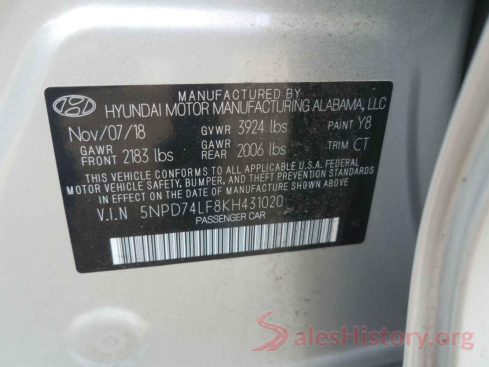 5NPD74LF8KH431020 2019 HYUNDAI ELANTRA