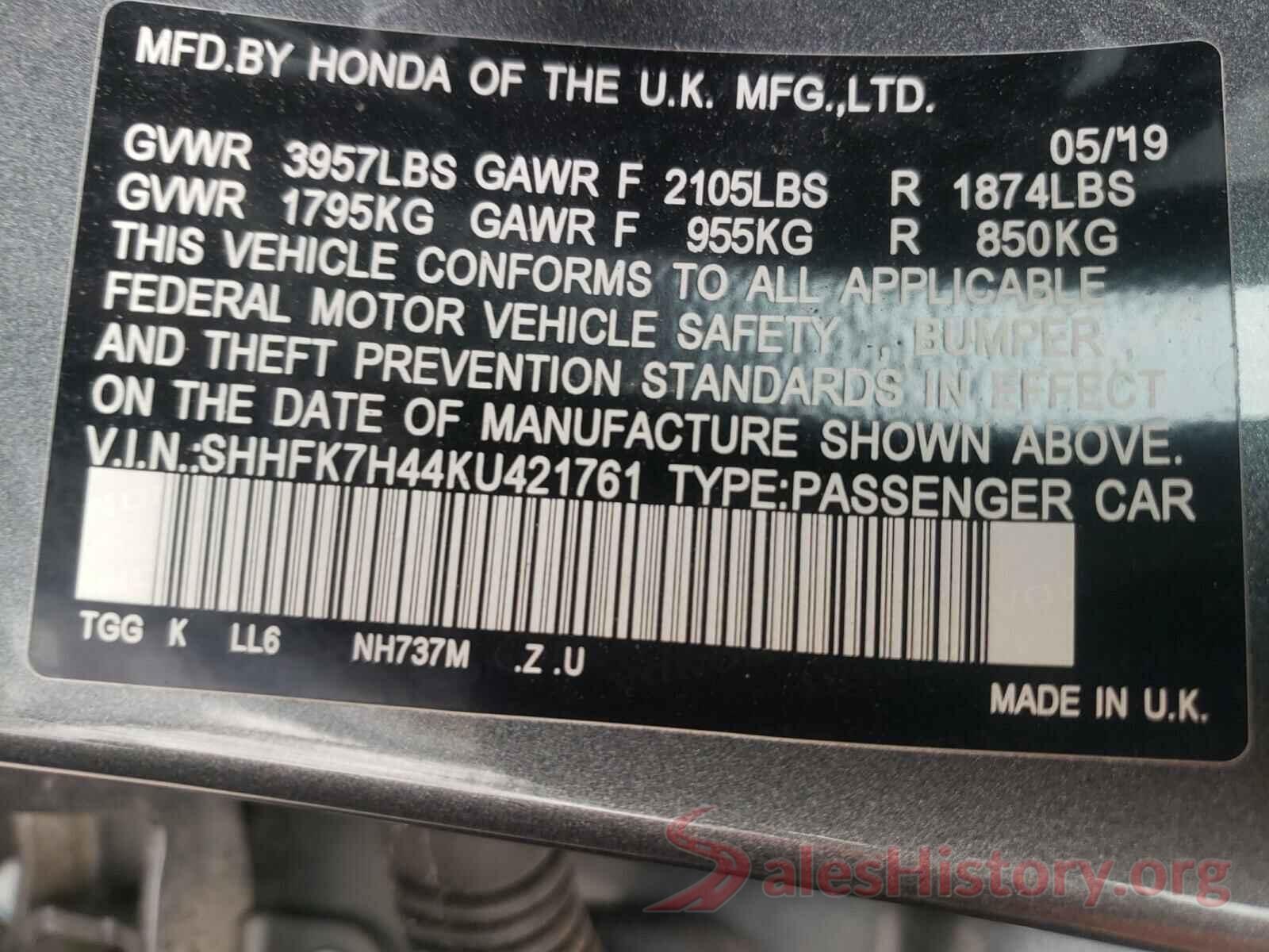 SHHFK7H44KU421761 2019 HONDA CIVIC