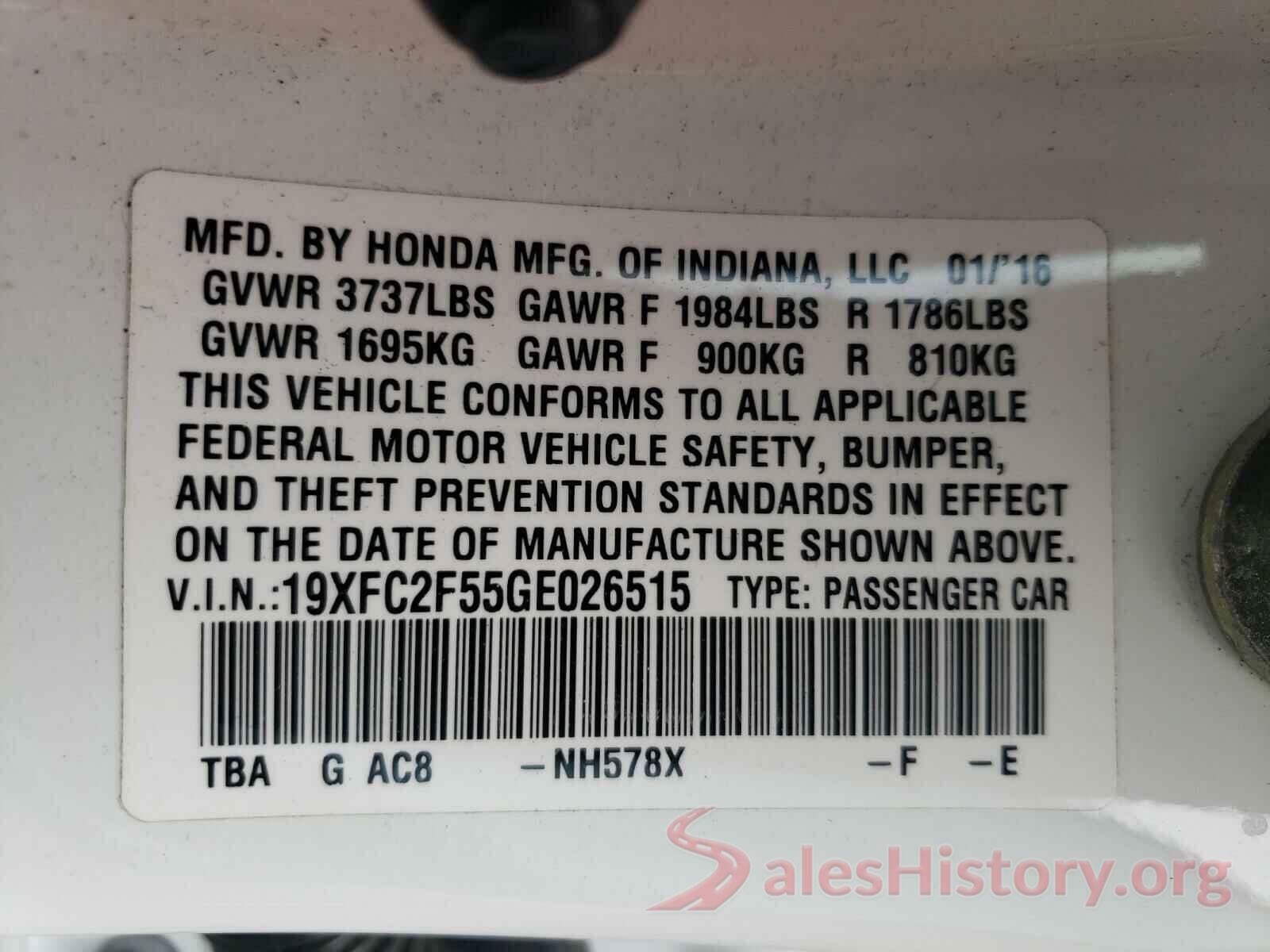 19XFC2F55GE026515 2016 HONDA CIVIC