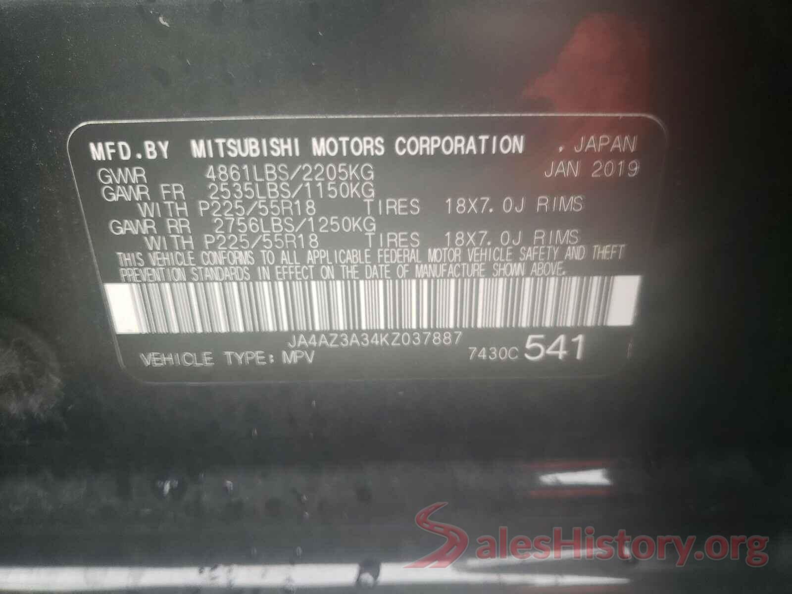 JA4AZ3A34KZ037887 2019 MITSUBISHI OUTLANDER