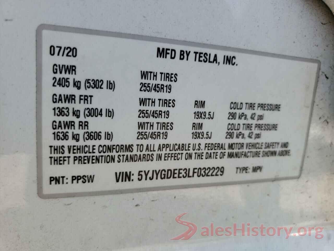 5YJYGDEE3LF032229 2020 TESLA MODEL Y