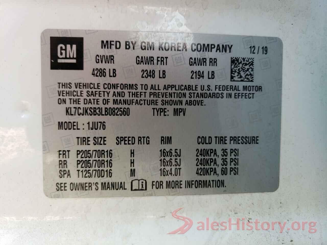 KL7CJKSB3LB082560 2020 CHEVROLET TRAX