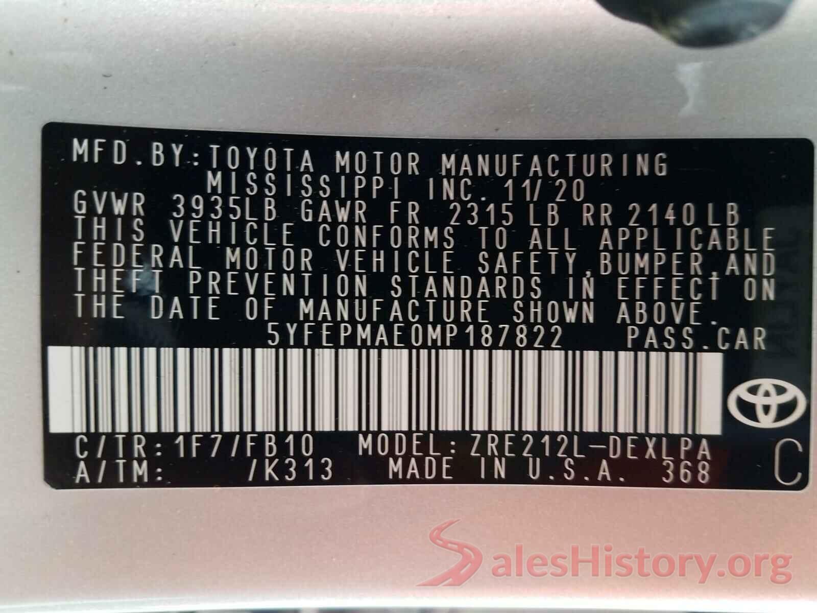 5YFEPMAE0MP187822 2021 TOYOTA COROLLA