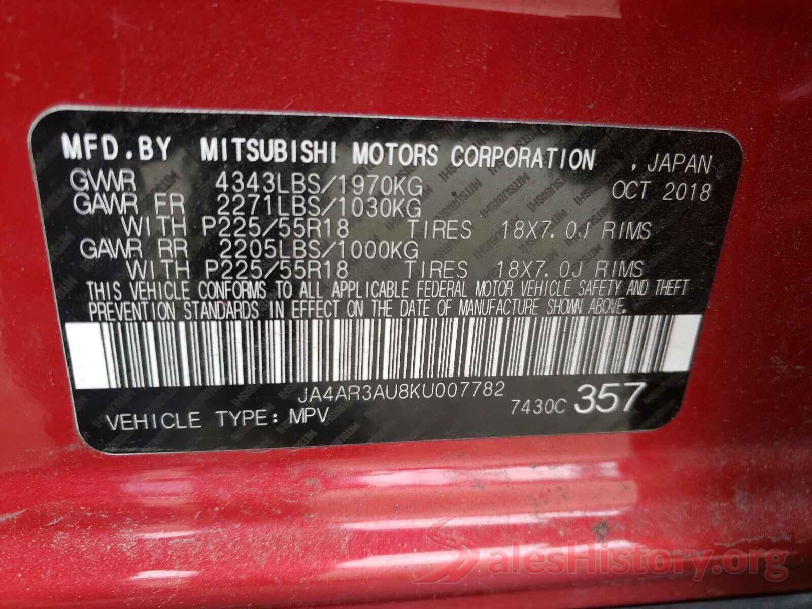 JA4AR3AU8KU007782 2019 MITSUBISHI OUTLANDER