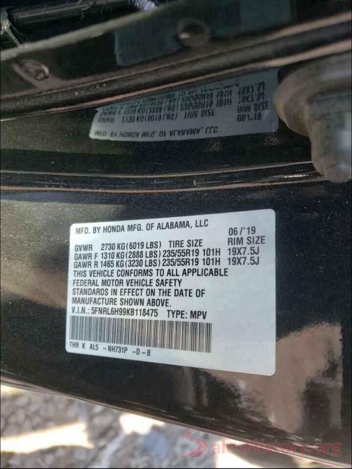 5FNRL6H99KB118475 2019 HONDA ODYSSEY