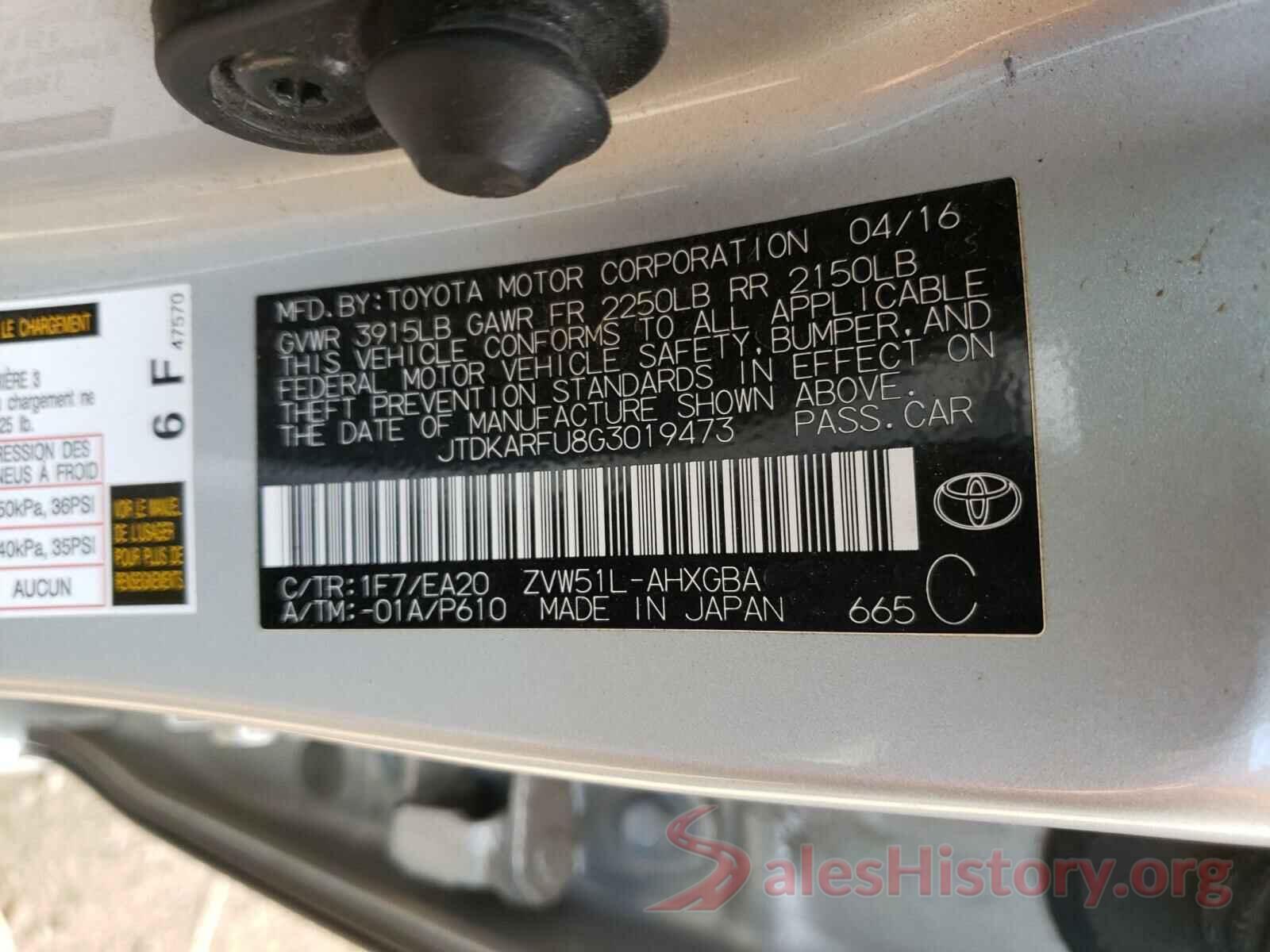 JTDKARFU8G3019473 2016 TOYOTA PRIUS