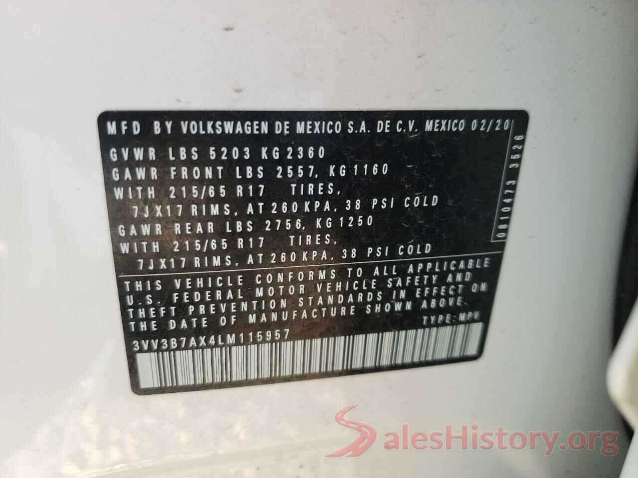 3VV3B7AX4LM115957 2020 VOLKSWAGEN TIGUAN