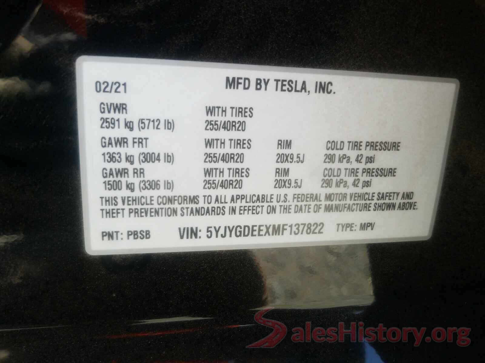 5YJYGDEEXMF137822 2021 TESLA MODEL Y