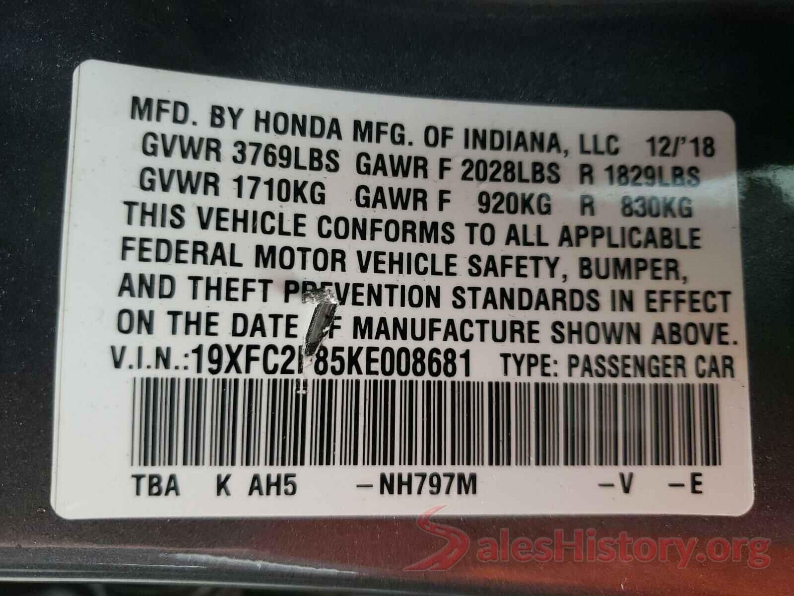 19XFC2F85KE008681 2019 HONDA CIVIC