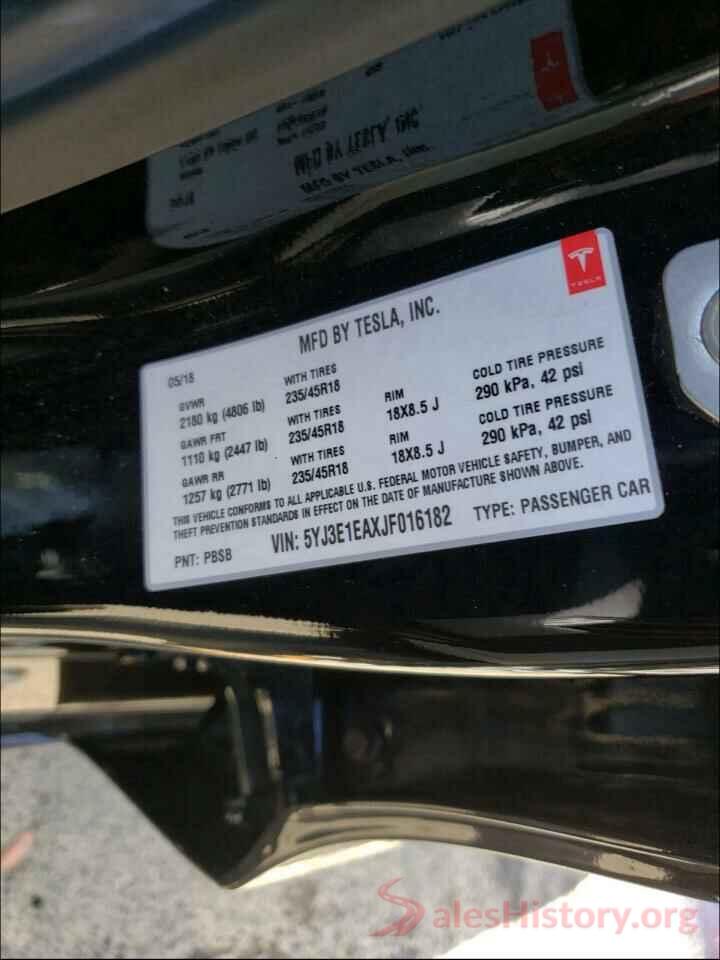 5YJ3E1EAXJF016182 2018 TESLA MODEL 3