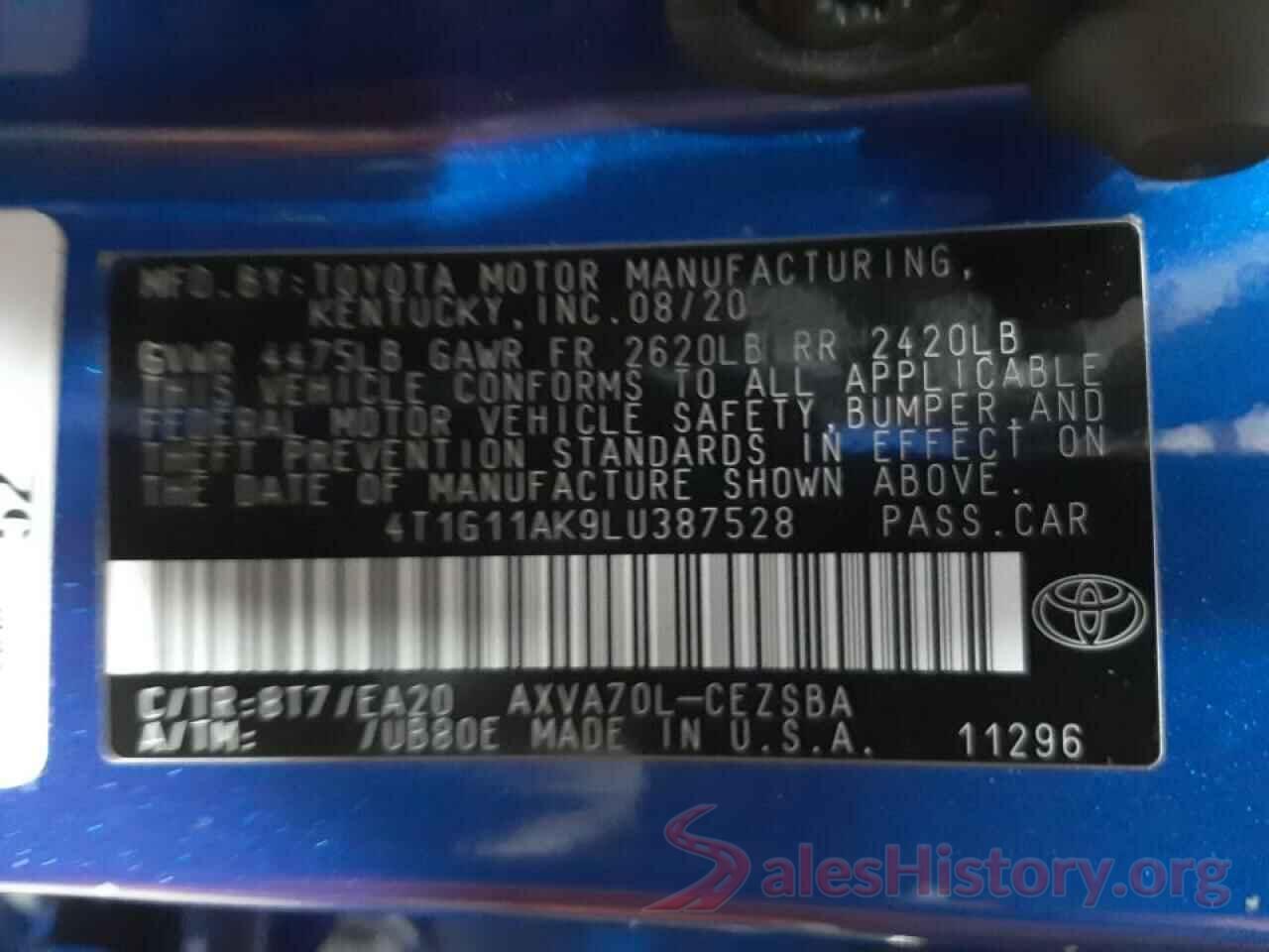 4T1G11AK9LU387528 2020 TOYOTA CAMRY