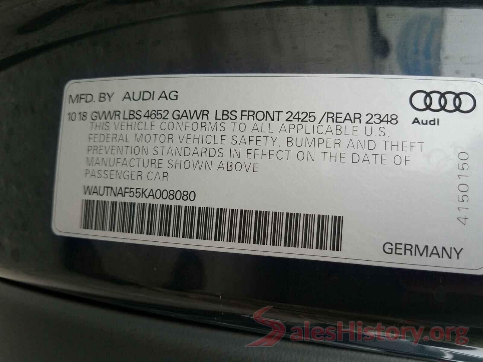 WAUTNAF55KA008080 2019 AUDI A5