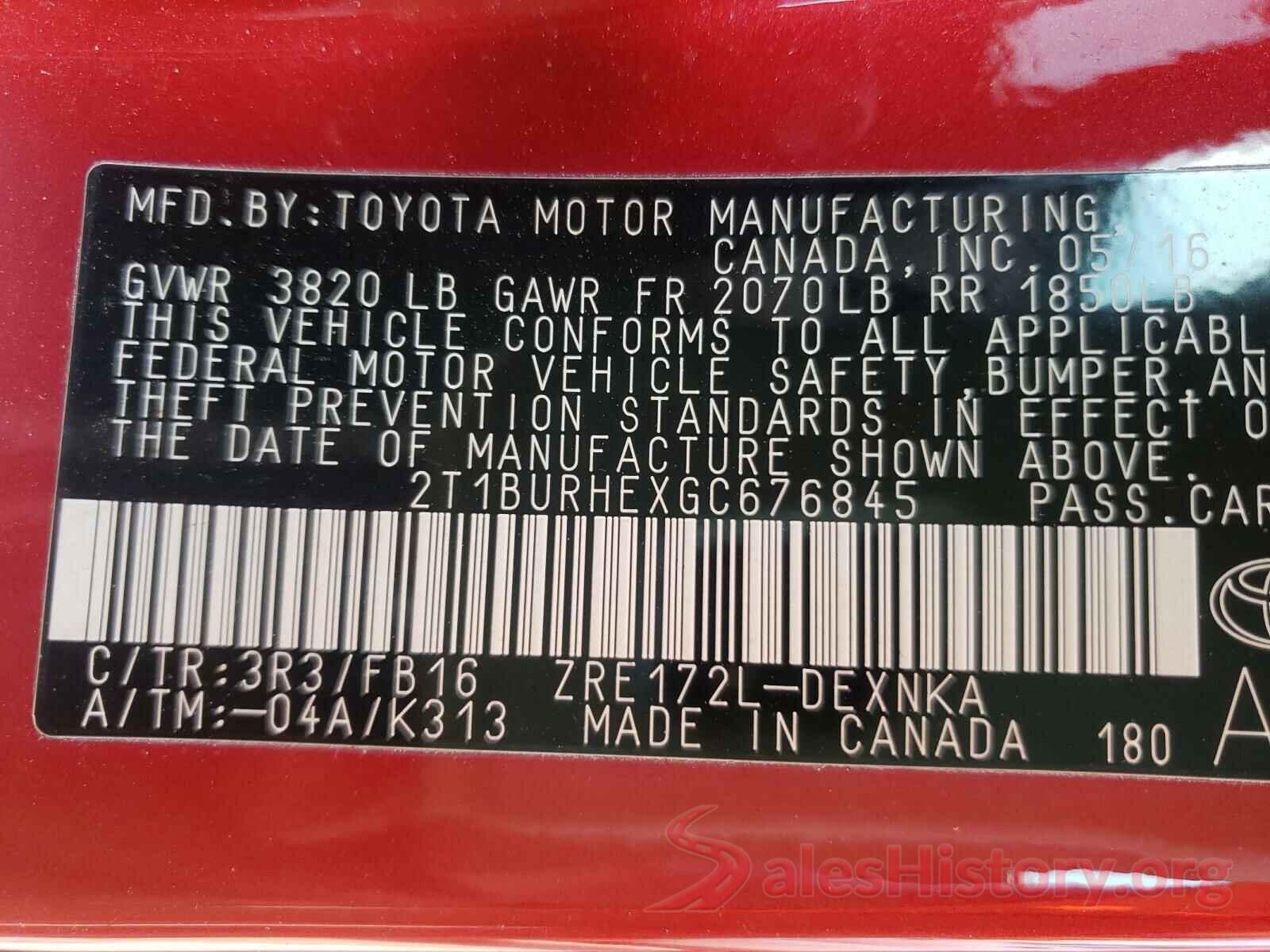 2T1BURHEXGC676845 2016 TOYOTA COROLLA